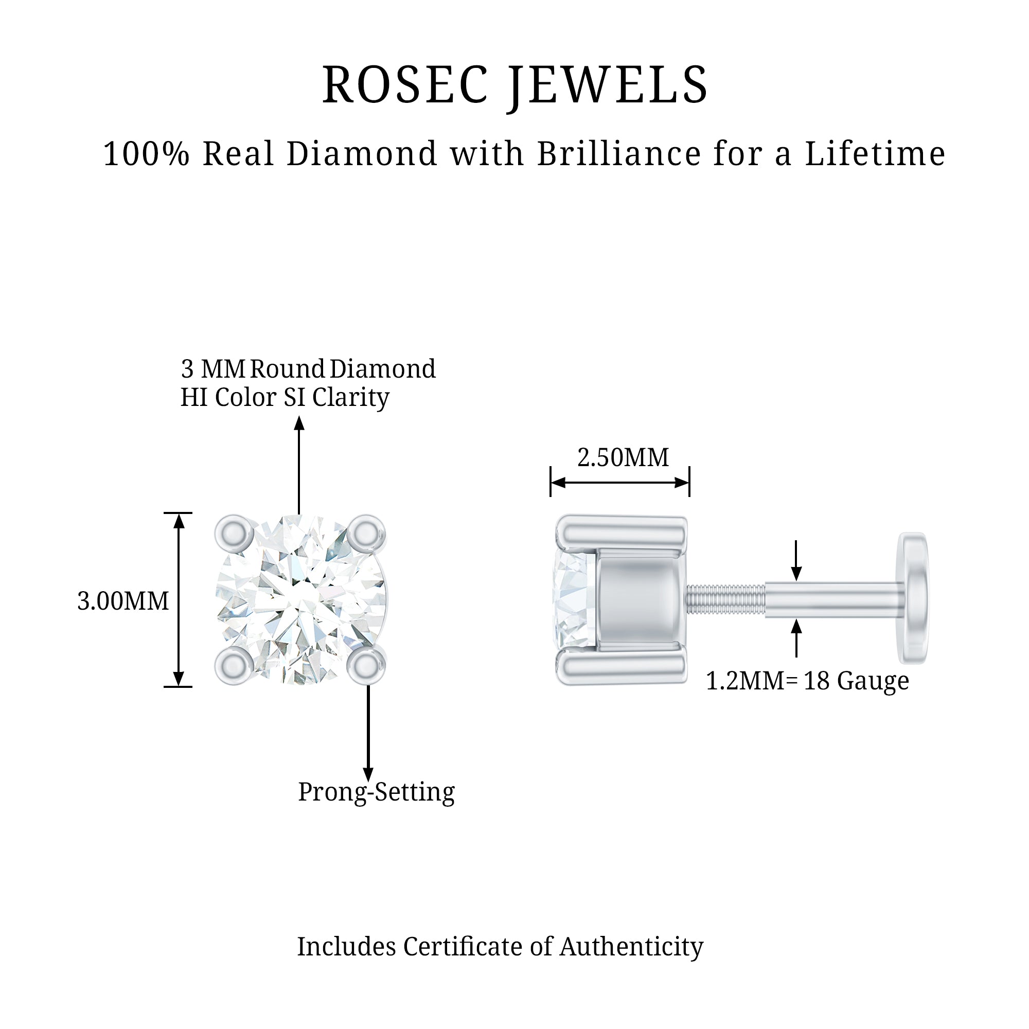 Minimalist Diamond Solitaire Tragus Earring Natural - ( HI-SI ) - Rosec Jewels