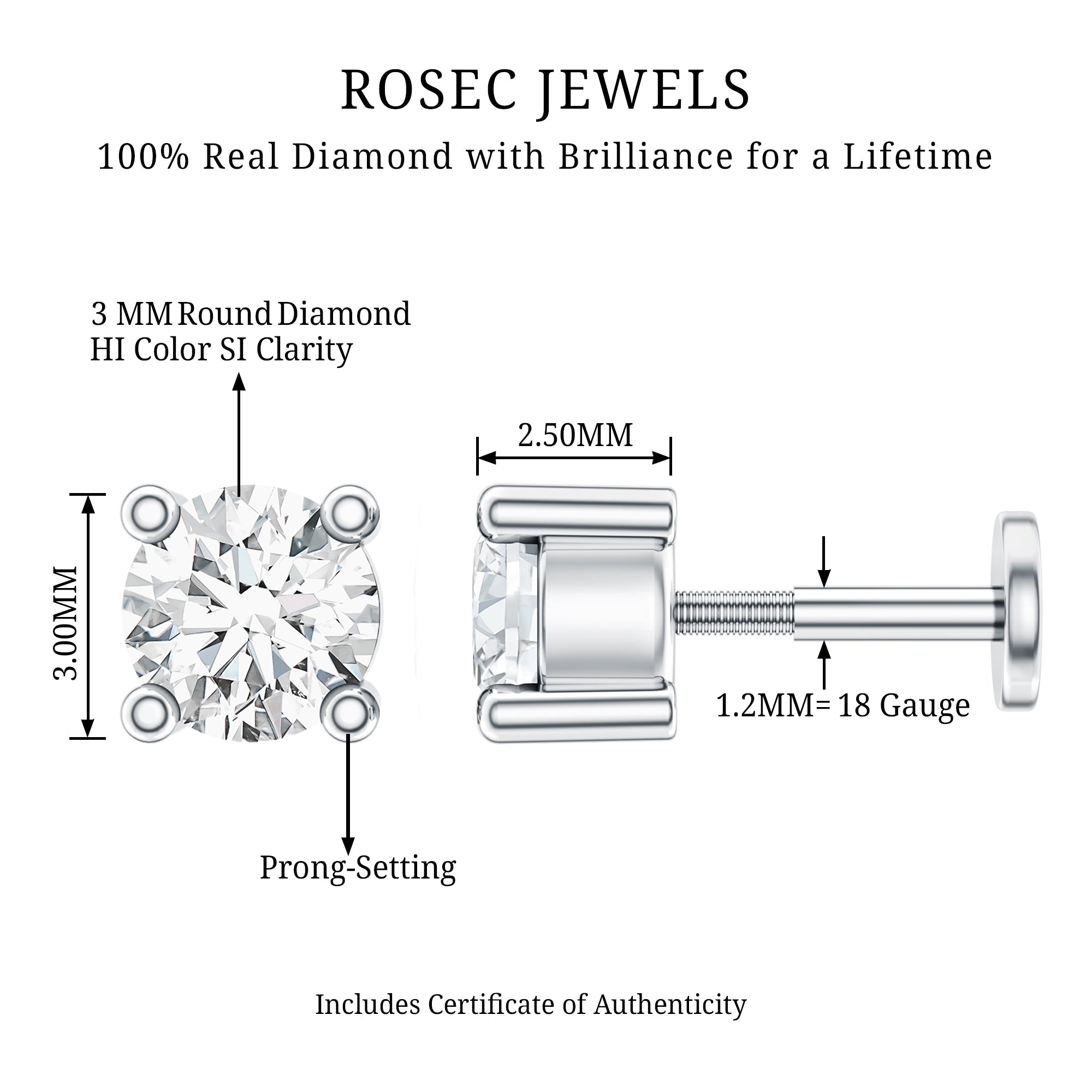 Minimalist Diamond Solitaire Tragus Earring Natural - ( HI-SI ) - Rosec Jewels