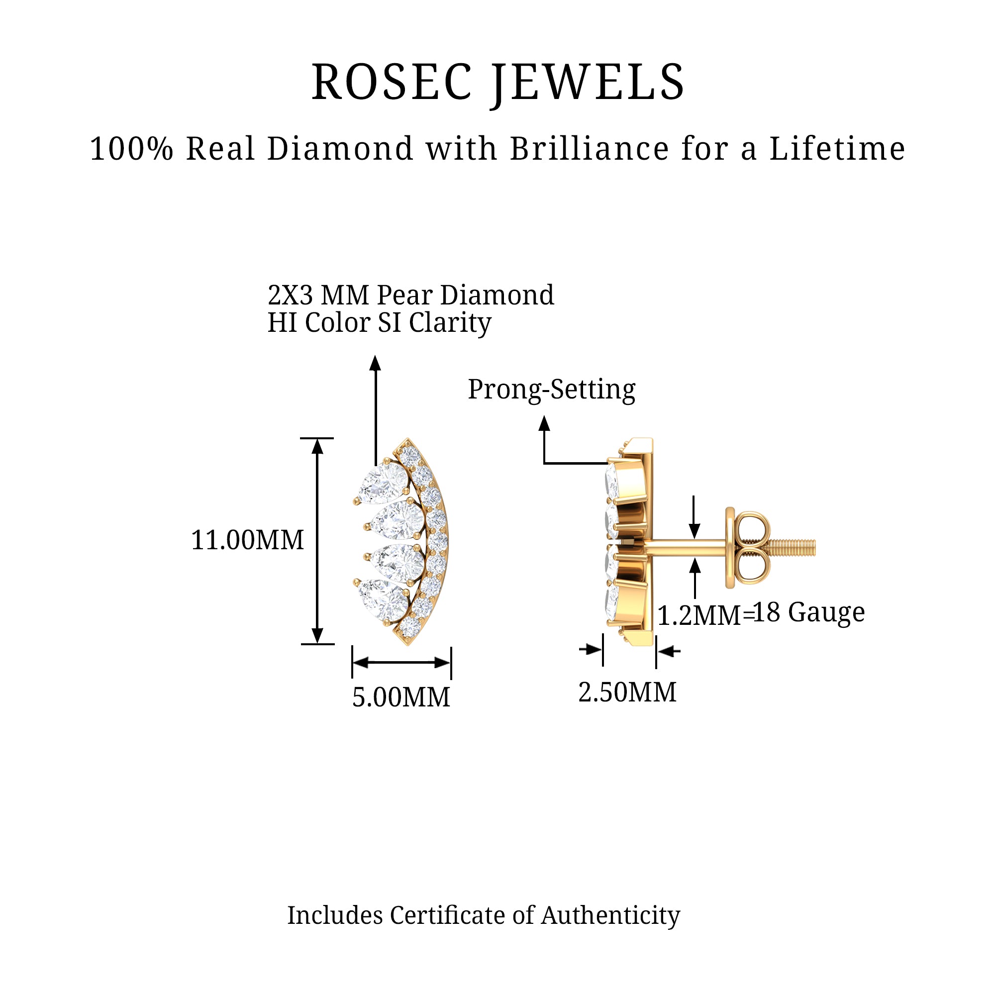 Natural Diamond Curved Cartilage Earring with Flat Back Natural - ( HI-SI ) - Rosec Jewels