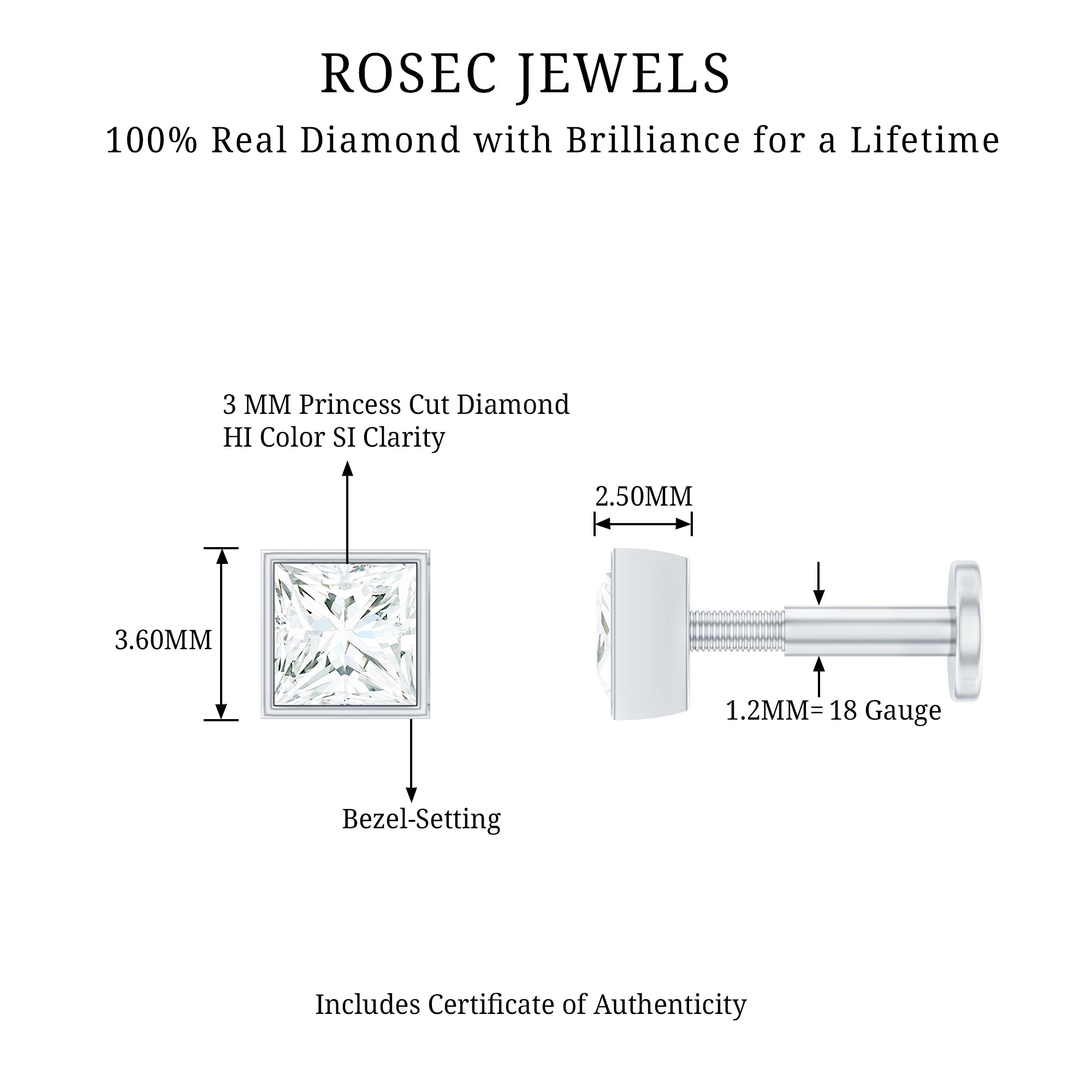Princess Cut Diamond Conch Earring in Bezel Setting Natural - ( HI-SI ) - Rosec Jewels