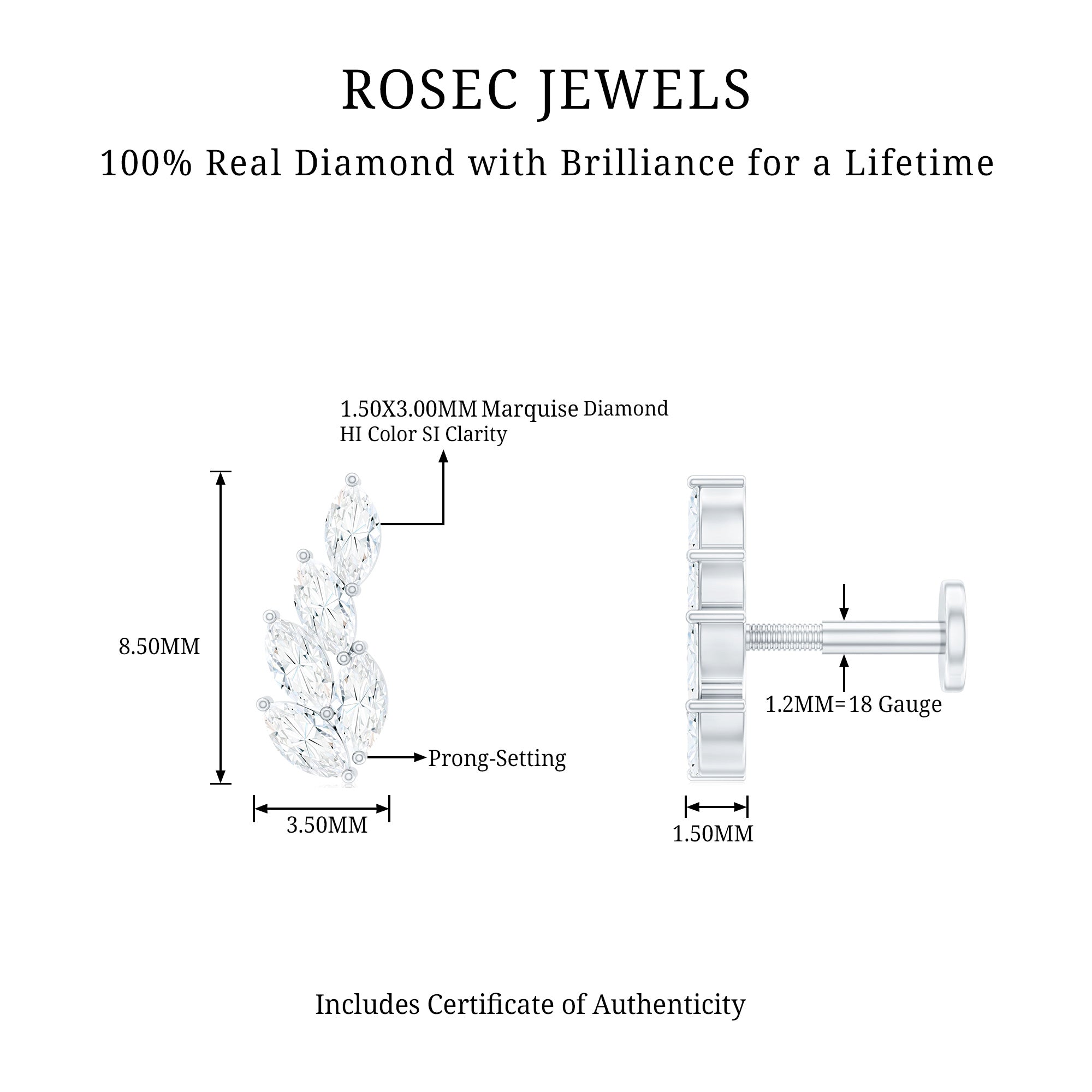 Marquise Diamond Leaf Cluster Earring for Helix Piercing Natural - ( HI-SI ) - Rosec Jewels