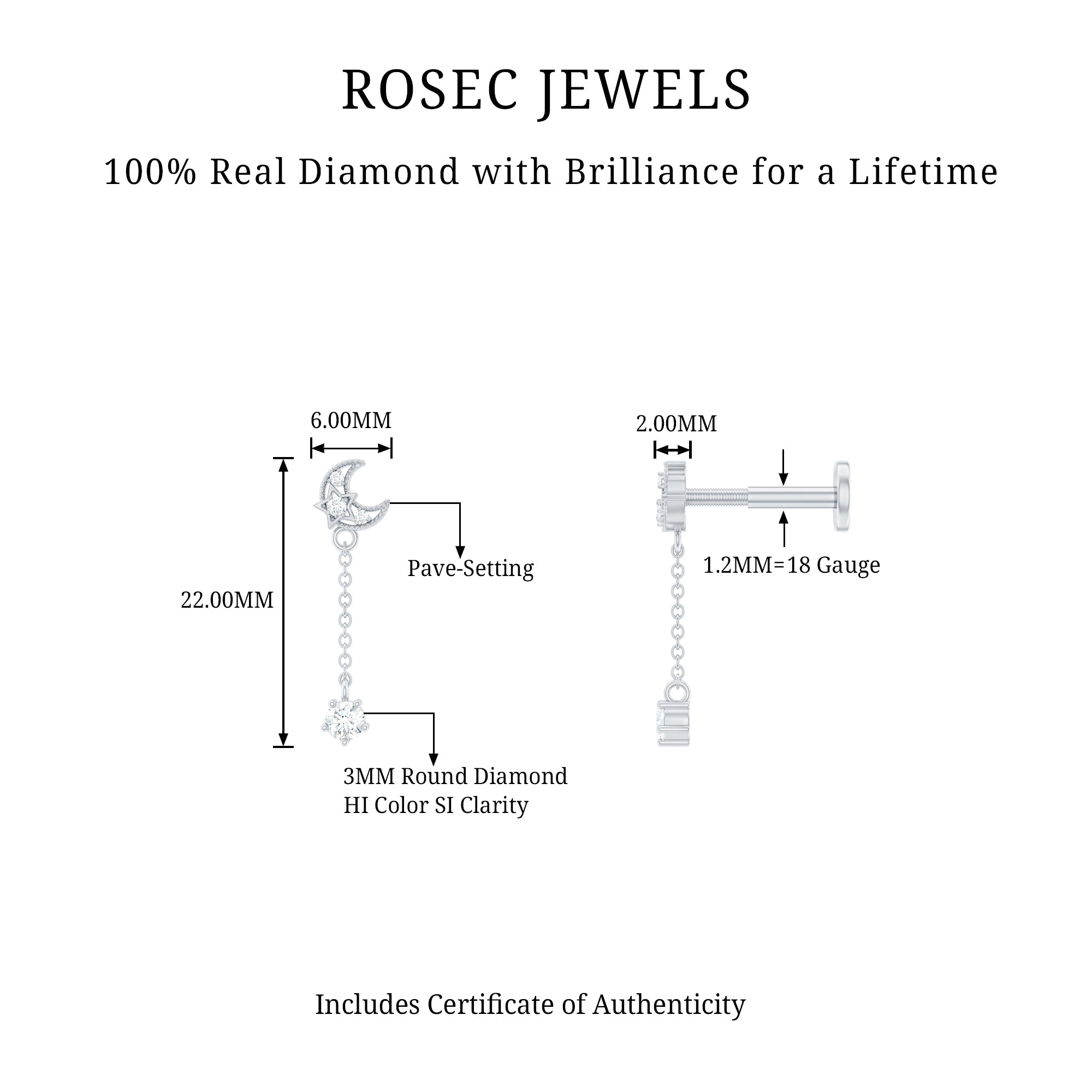 Diamond Moon Chain Earring for Helix Piercing Natural - ( HI-SI ) - Rosec Jewels
