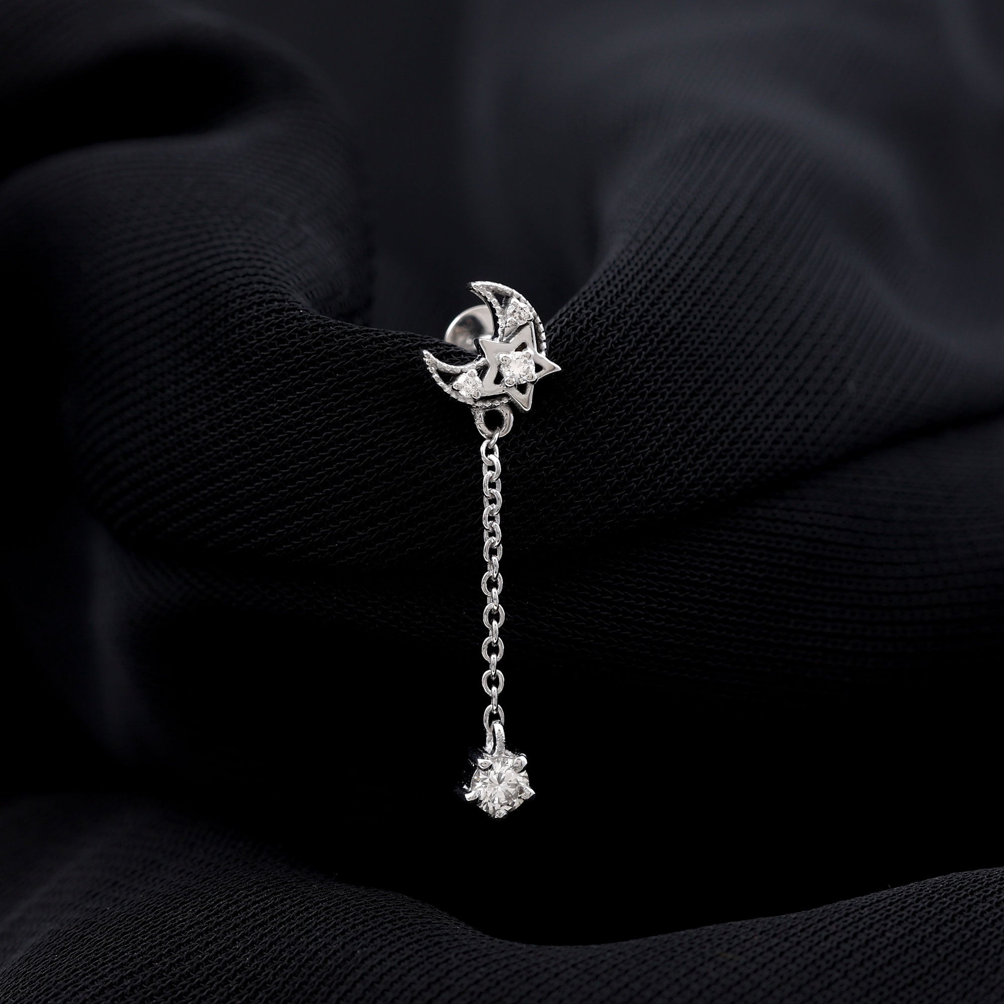 Diamond Moon Chain Earring for Helix Piercing Natural - ( HI-SI ) - Rosec Jewels