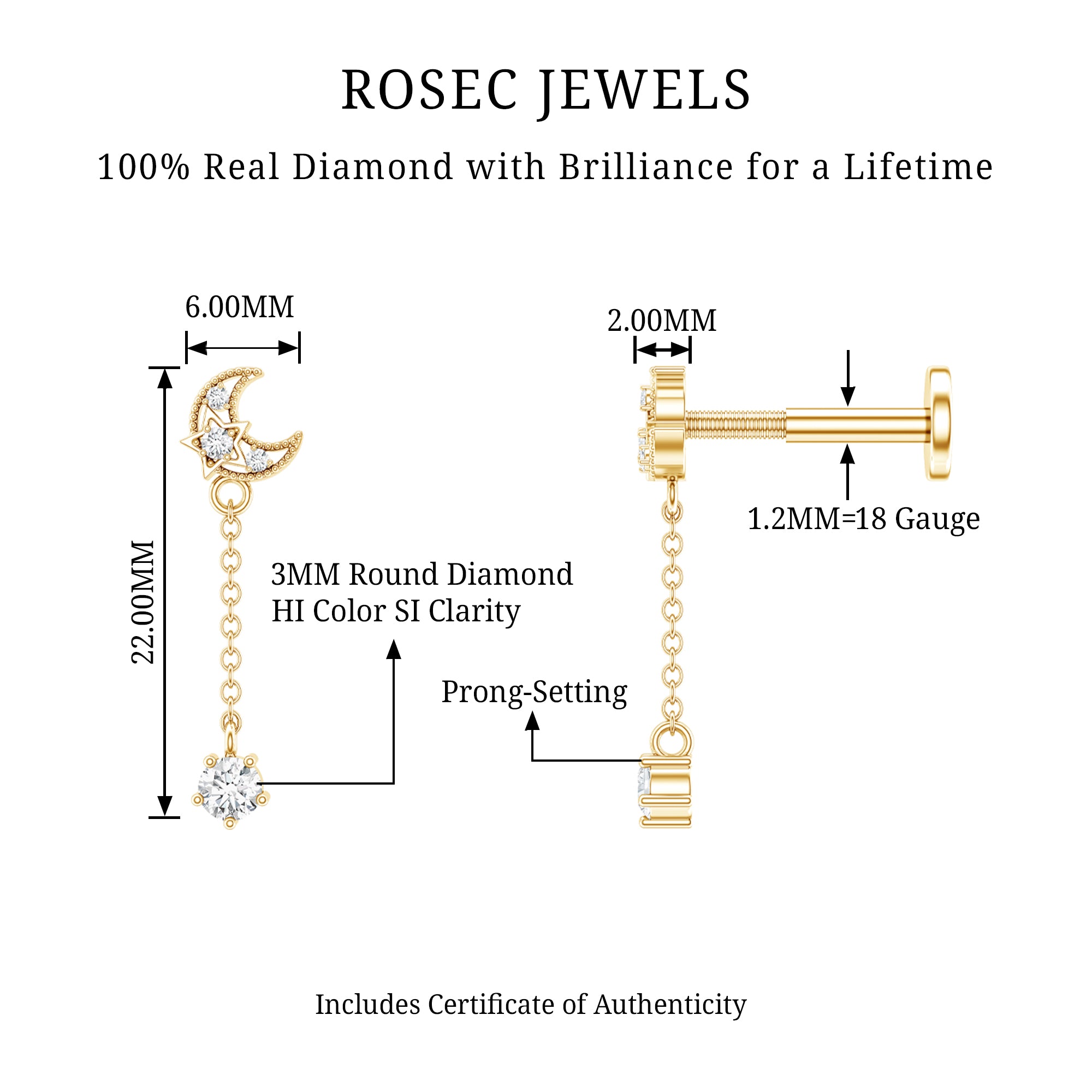 Diamond Moon Chain Earring for Helix Piercing Natural - ( HI-SI ) - Rosec Jewels