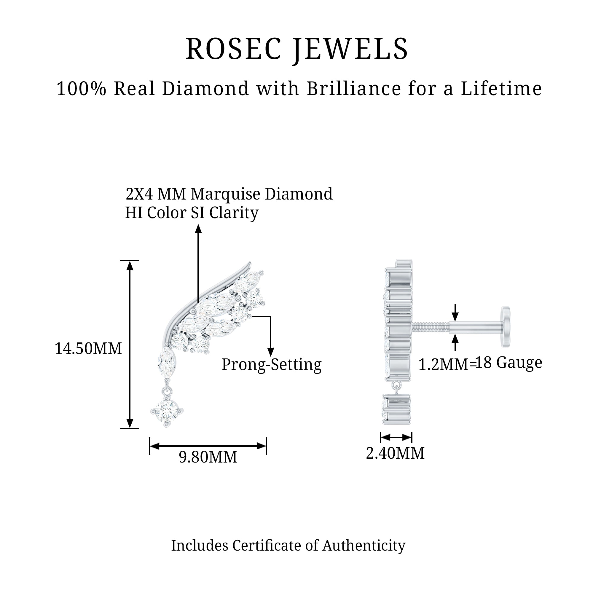 Brilliant Cut Diamond Wing Helix Drop Earring with Flat Back Natural - ( HI-SI ) - Rosec Jewels