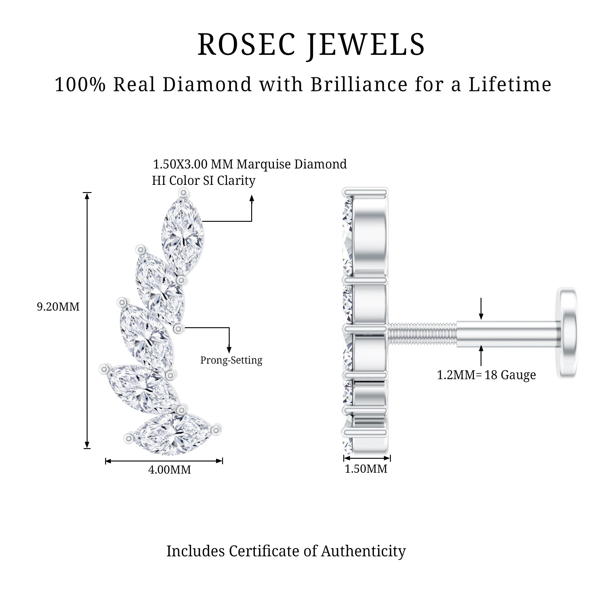Marquise Diamond Crawler Earring for Helix Piercing Natural - ( HI-SI ) - Rosec Jewels