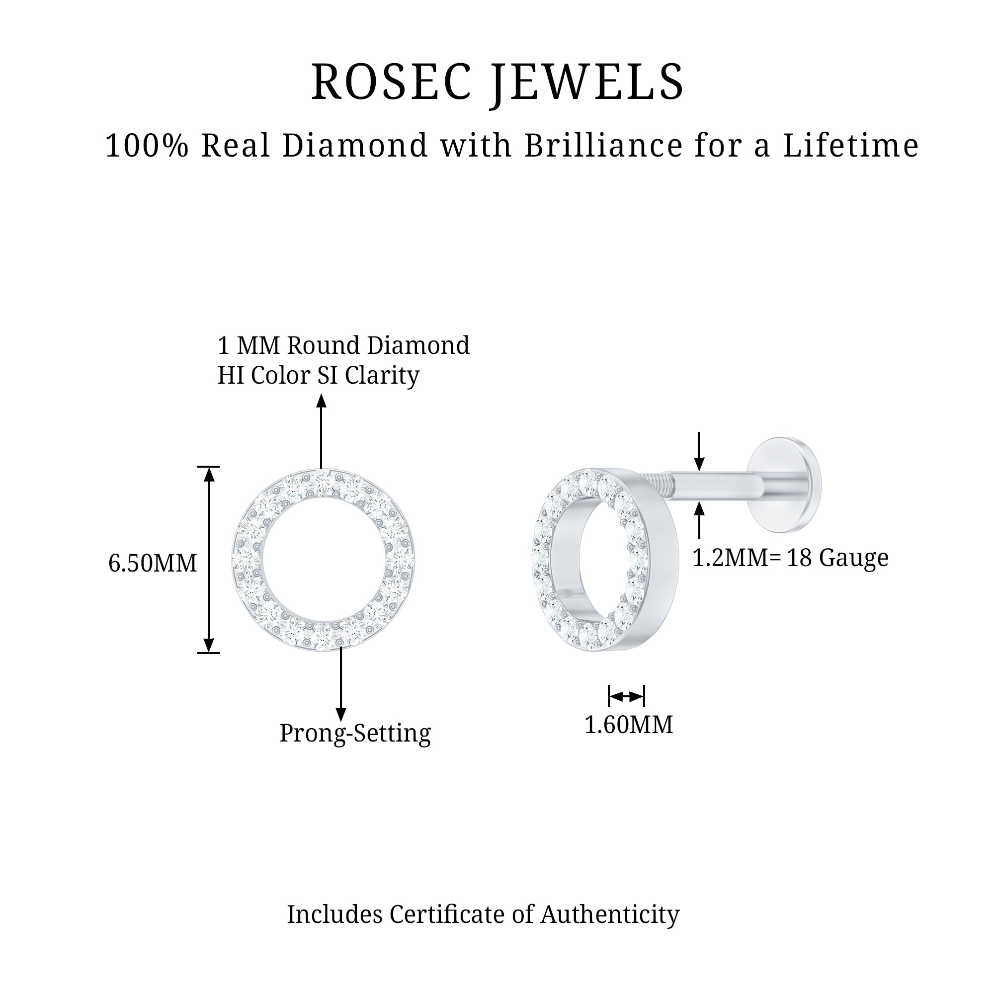 Brilliant Cut Diamond Circle Earring for Helix Piercing Natural - ( HI-SI ) - Rosec Jewels
