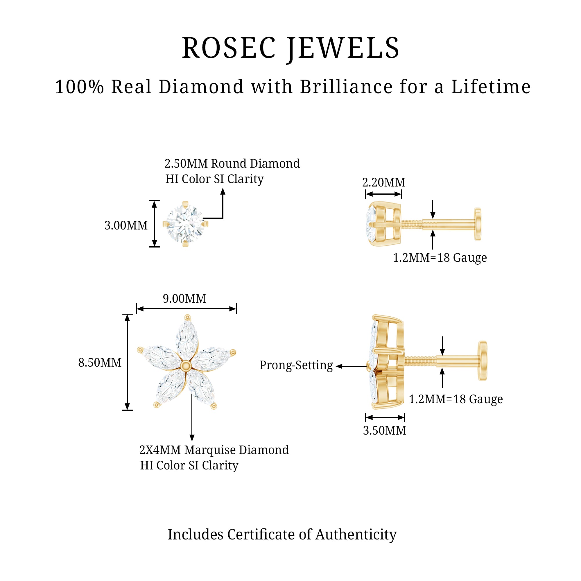Marquise Diamond Flower Cartilage Earring Set Natural - ( HI-SI ) - Rosec Jewels