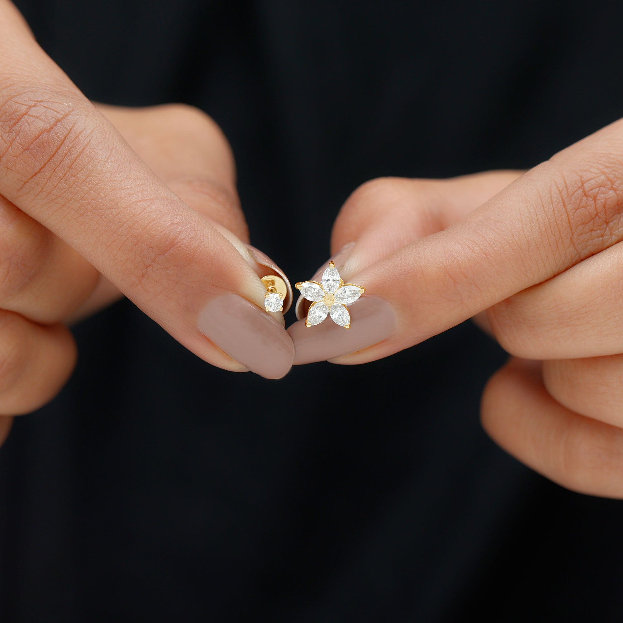 Marquise Diamond Flower Cartilage Earring Set Natural - ( HI-SI ) - Rosec Jewels