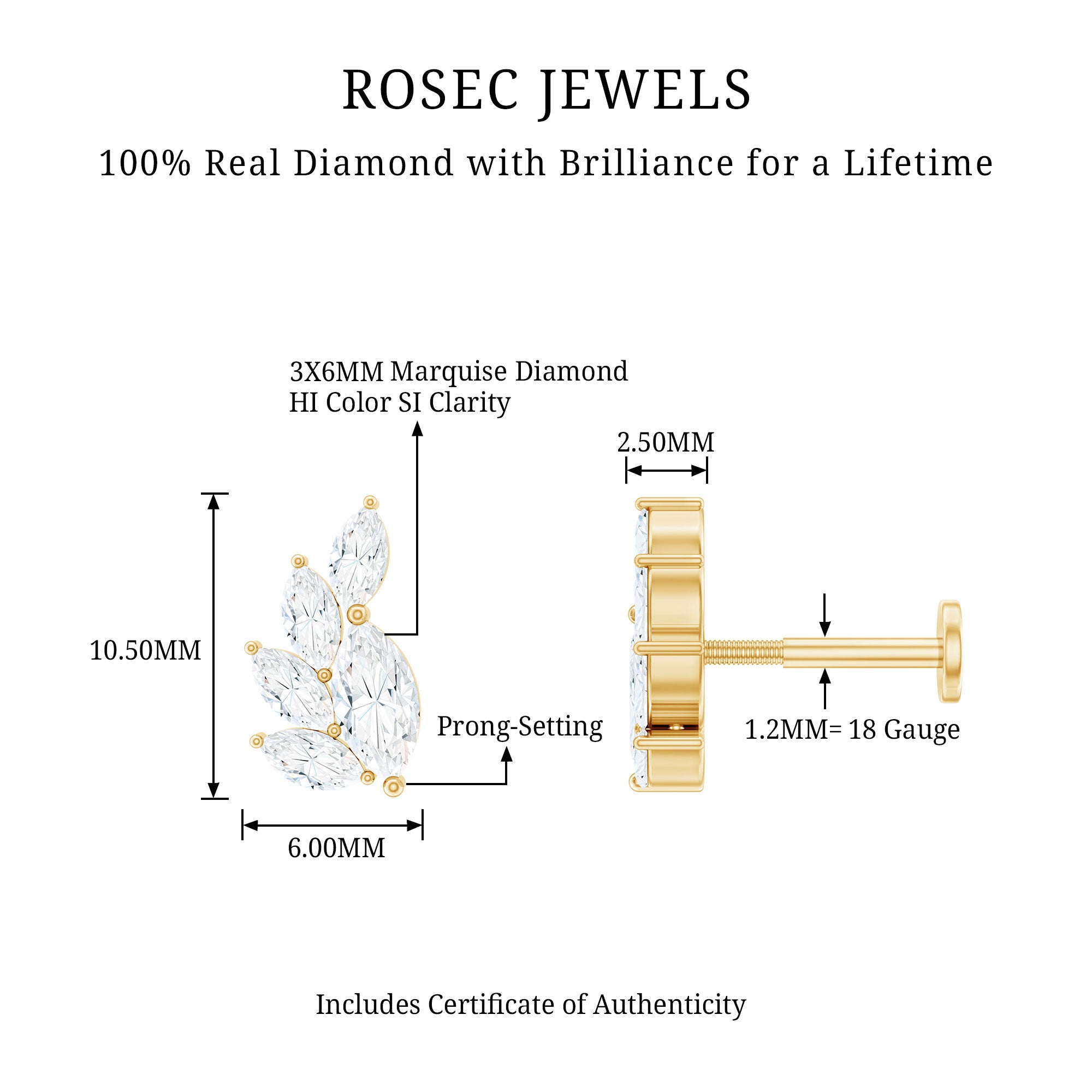 Marquise Diamond Cluster Helix Earring with Flat Back Natural - ( HI-SI ) - Rosec Jewels