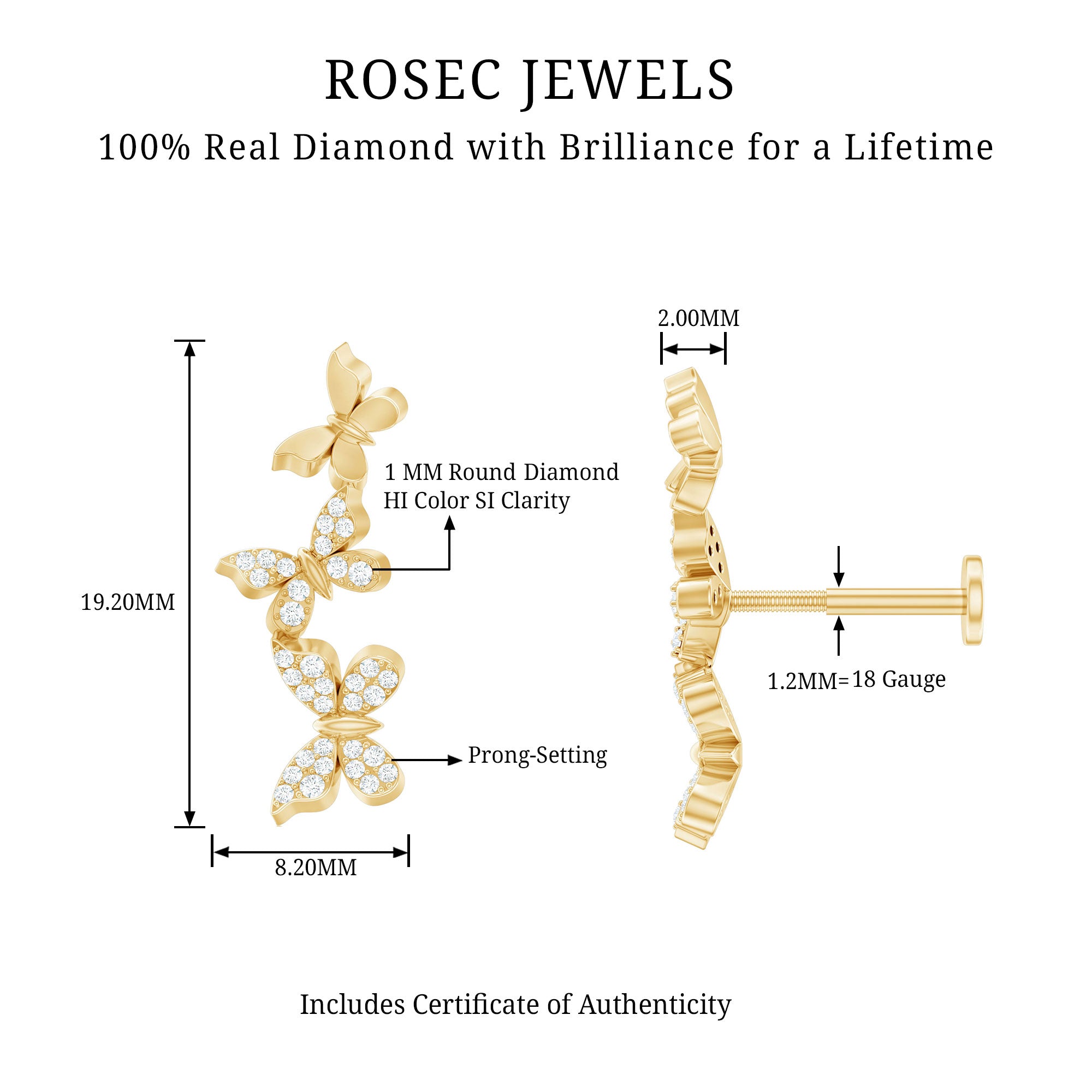 Diamond Butterfly Crawler Earring for Helix Piercing Natural - ( HI-SI ) - Rosec Jewels