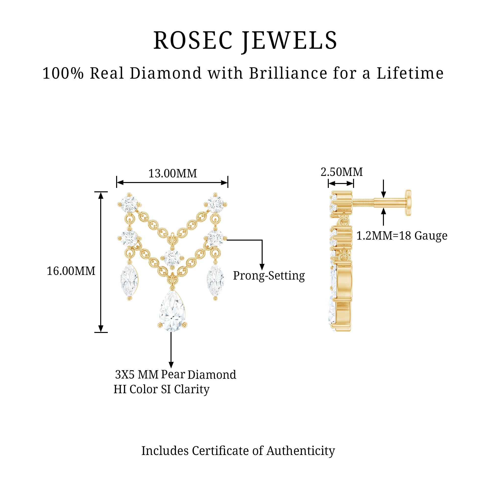 Brilliant Cut Diamond Double Chain Drop Earring for Cartilage Piercing Natural - ( HI-SI ) - Rosec Jewels