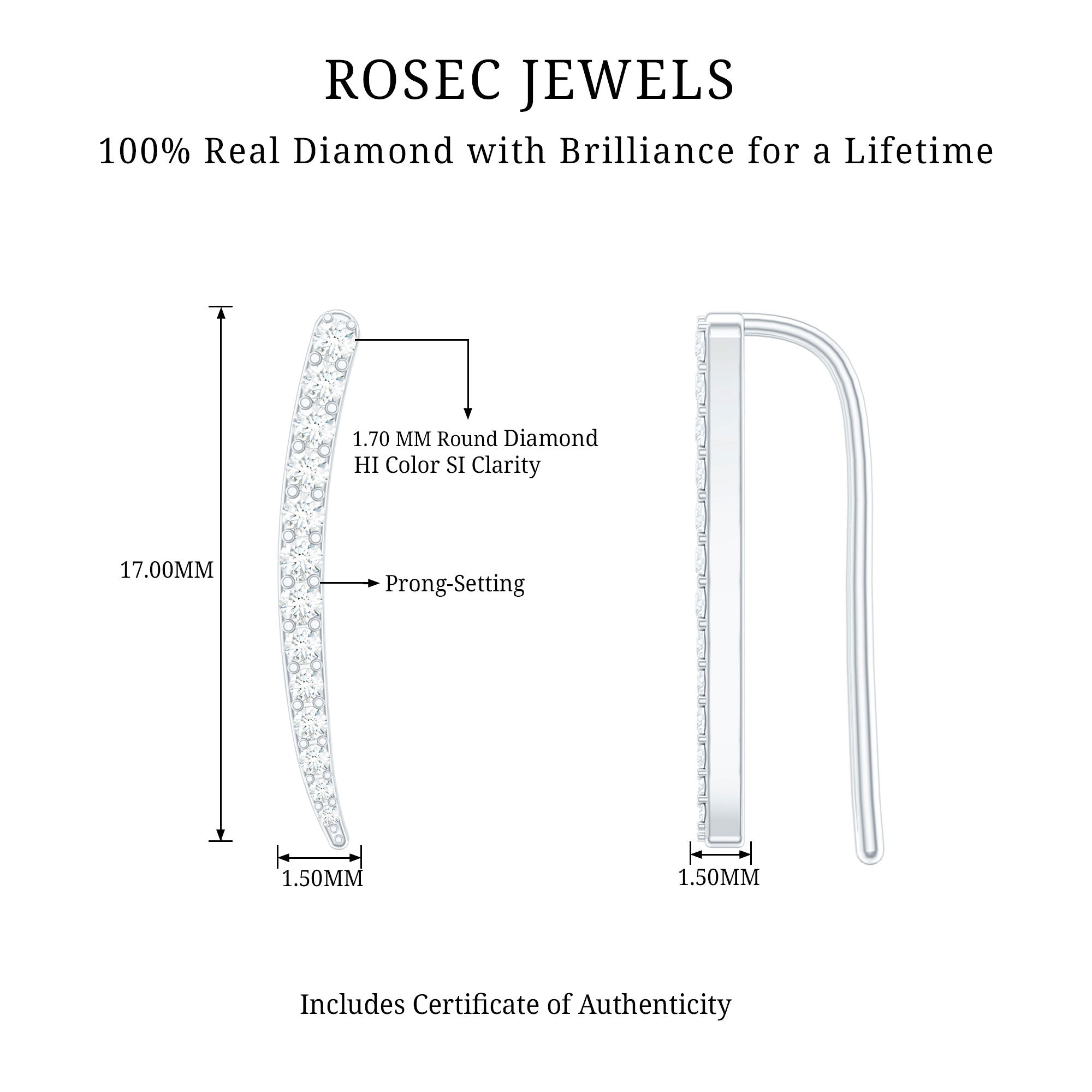 Graduated Style Diamond Climber Helix Earring Natural - ( HI-SI ) - Rosec Jewels