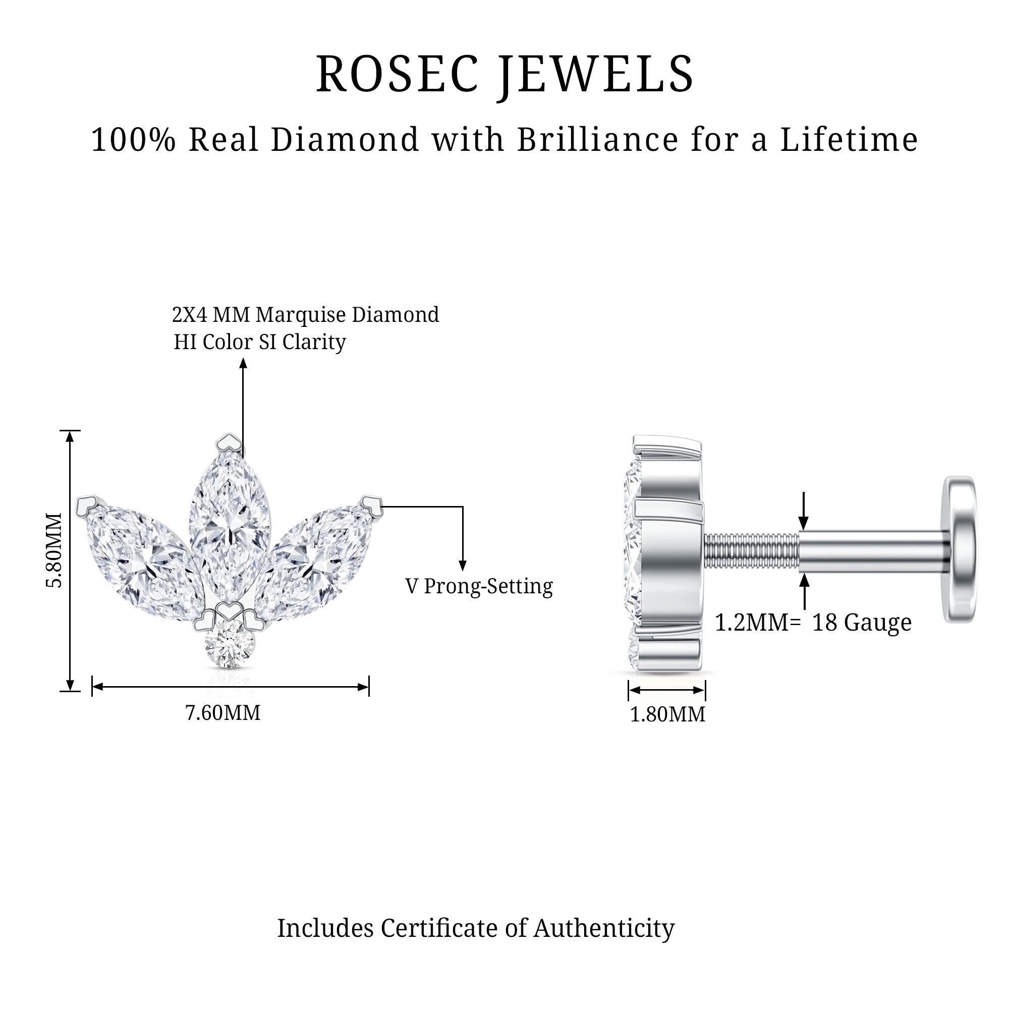Marquise Cut Diamond Lotus Flower Earring for Cartilage Piercing Natural - ( HI-SI ) - Rosec Jewels