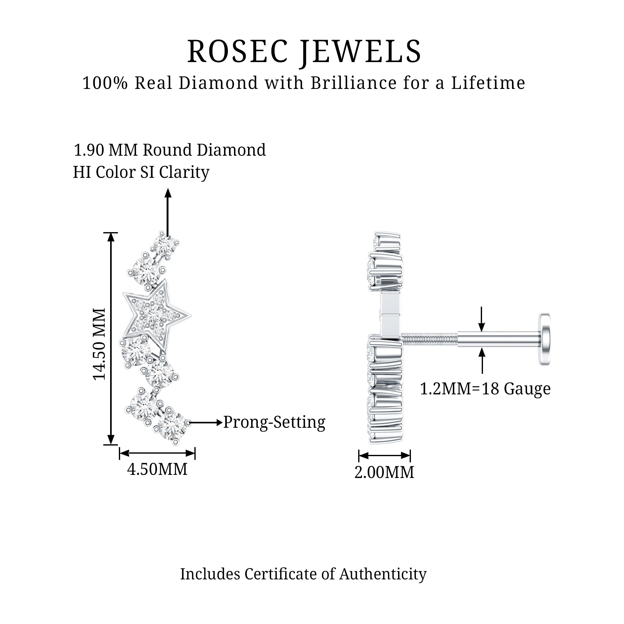 Unique Diamond Star Crawler Helix Earring Natural - ( HI-SI ) - Rosec Jewels
