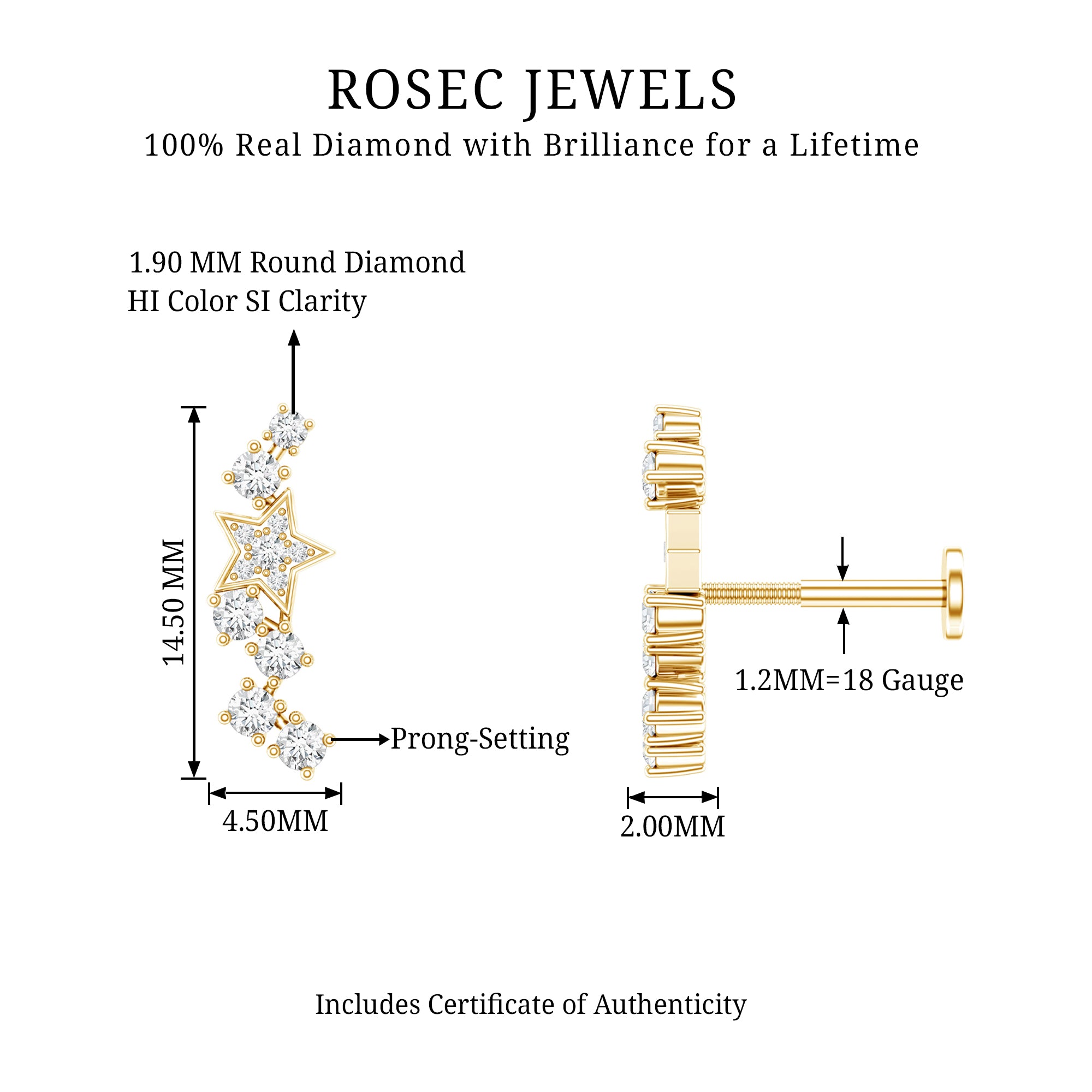 Unique Diamond Star Crawler Helix Earring Natural - ( HI-SI ) - Rosec Jewels