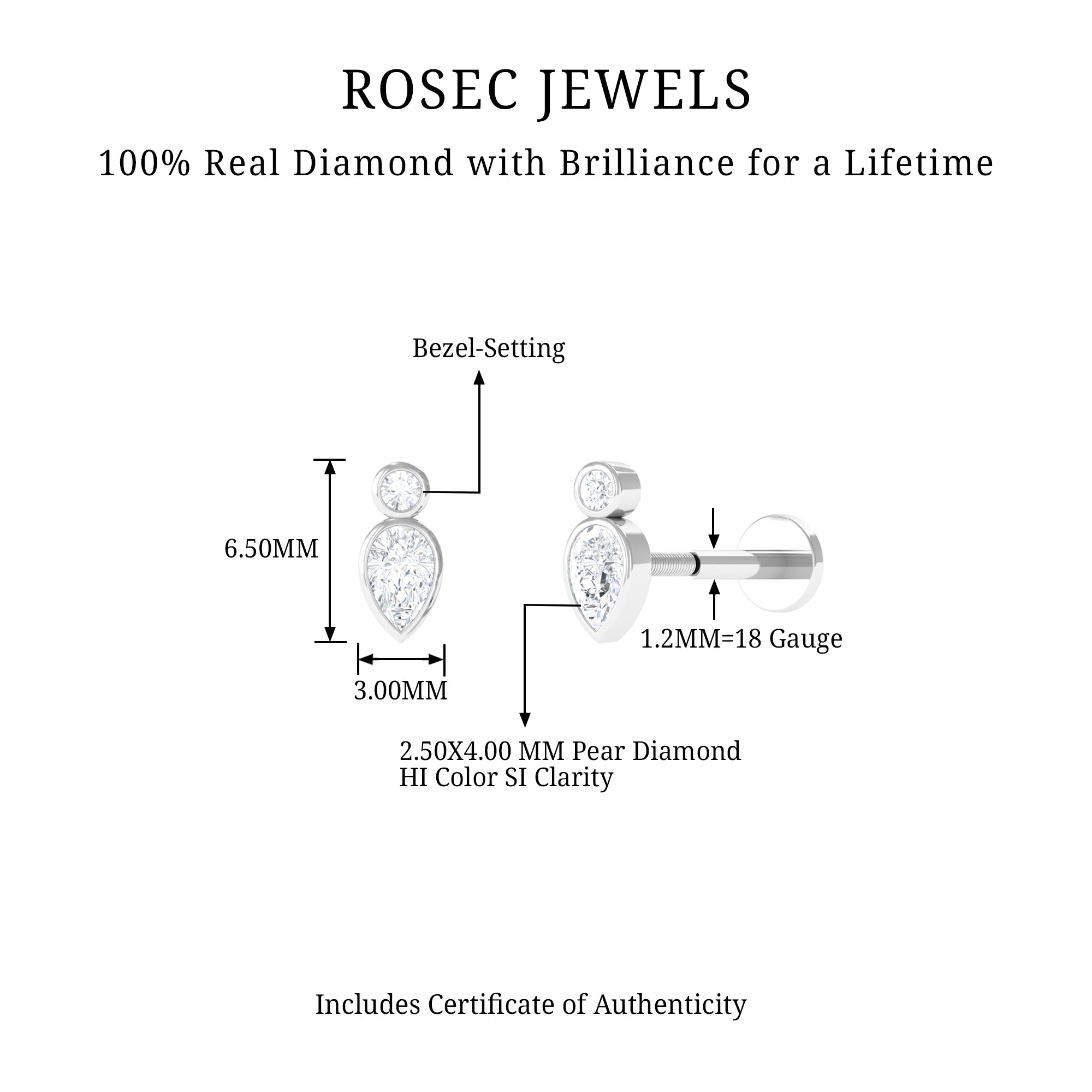 Pear Shape Diamond Two Stone Helix Earring Natural - ( HI-SI ) - Rosec Jewels