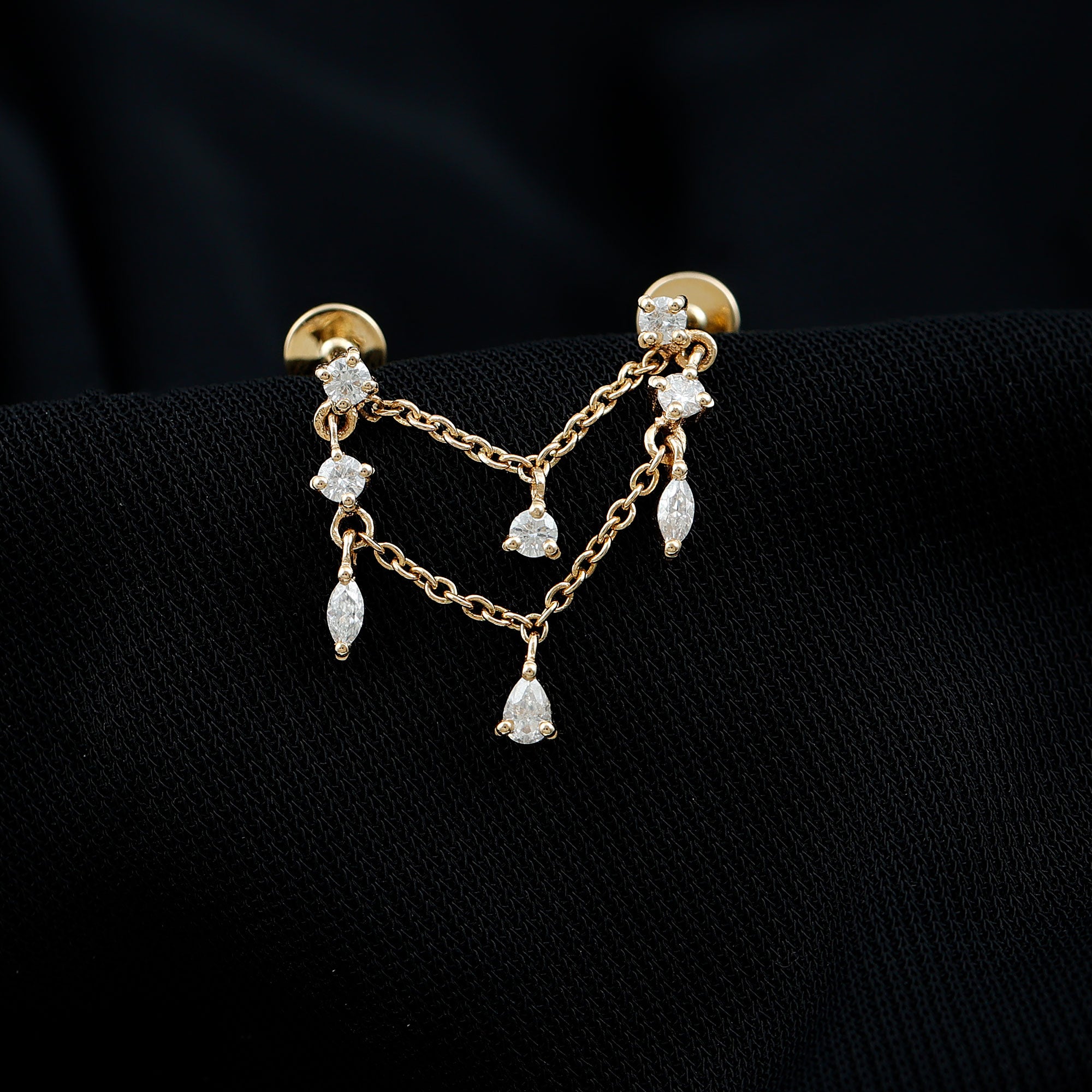Real Diamond Double Chain Earring for Cartilage Piercing Natural - ( HI-SI ) - Rosec Jewels