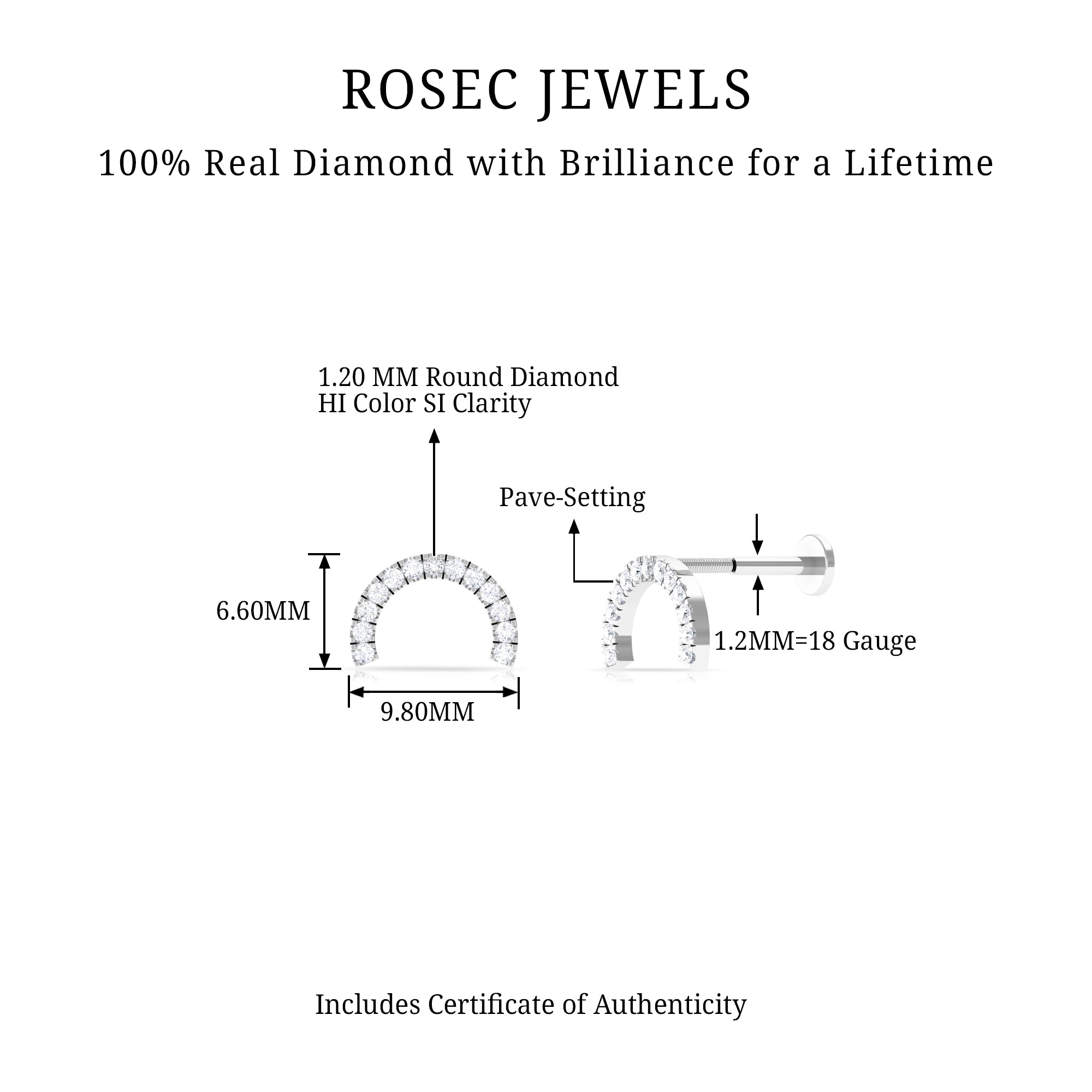 Certified Diamond Half Circle Earring for Piercing Natural - ( HI-SI ) - Rosec Jewels