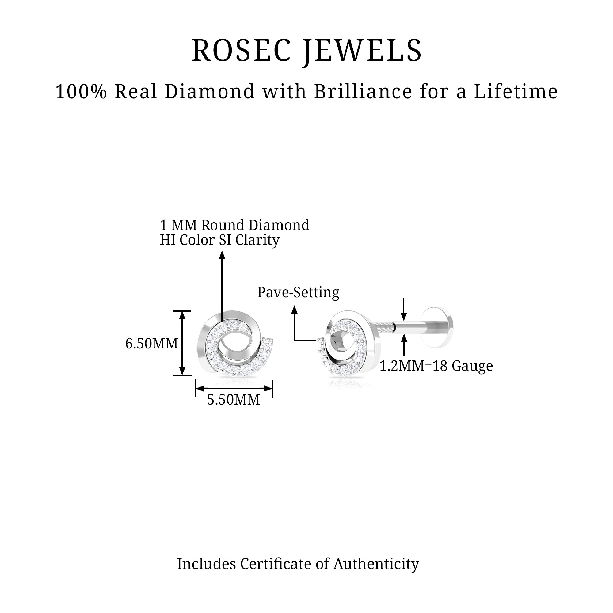 Certified Diamond Spiral Earring for Cartilage Piercing Natural - ( HI-SI ) - Rosec Jewels