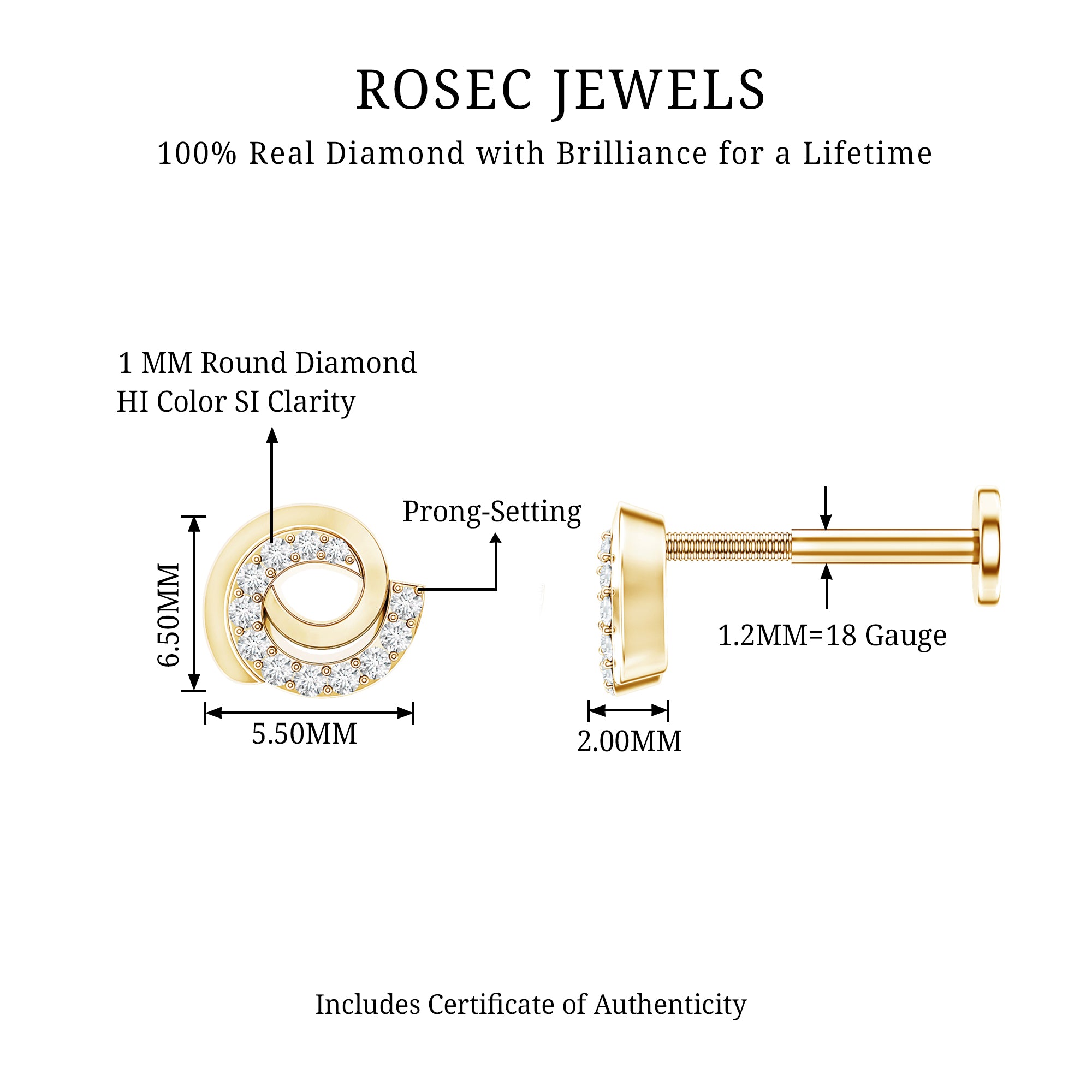 Certified Diamond Spiral Earring for Cartilage Piercing Natural - ( HI-SI ) - Rosec Jewels
