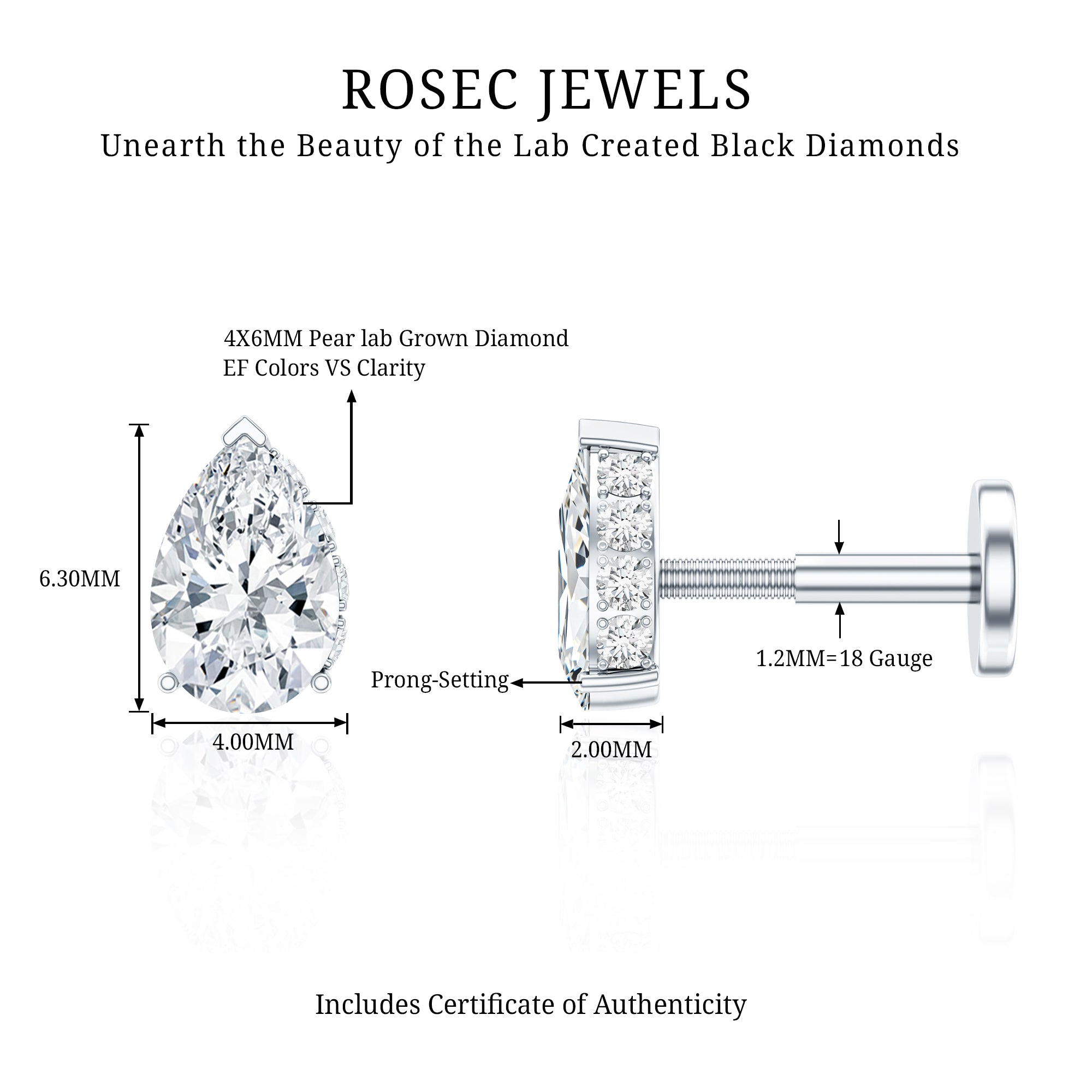 Pear Shaped Diamond Solitaire Tragus Earring Lab - ( EF-VS ) - Rosec Jewels