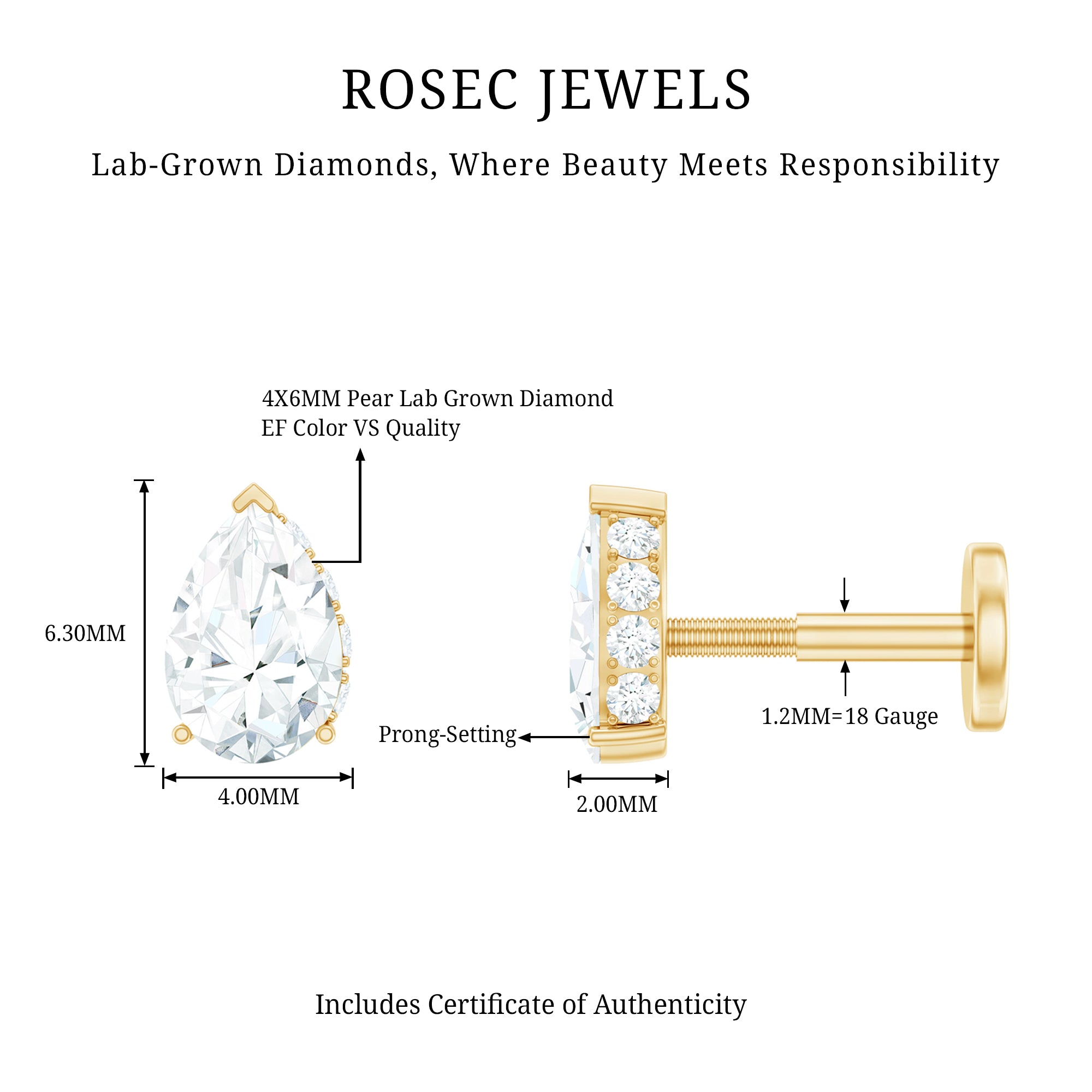 Pear Shaped Diamond Solitaire Tragus Earring Lab - ( EF-VS ) - Rosec Jewels