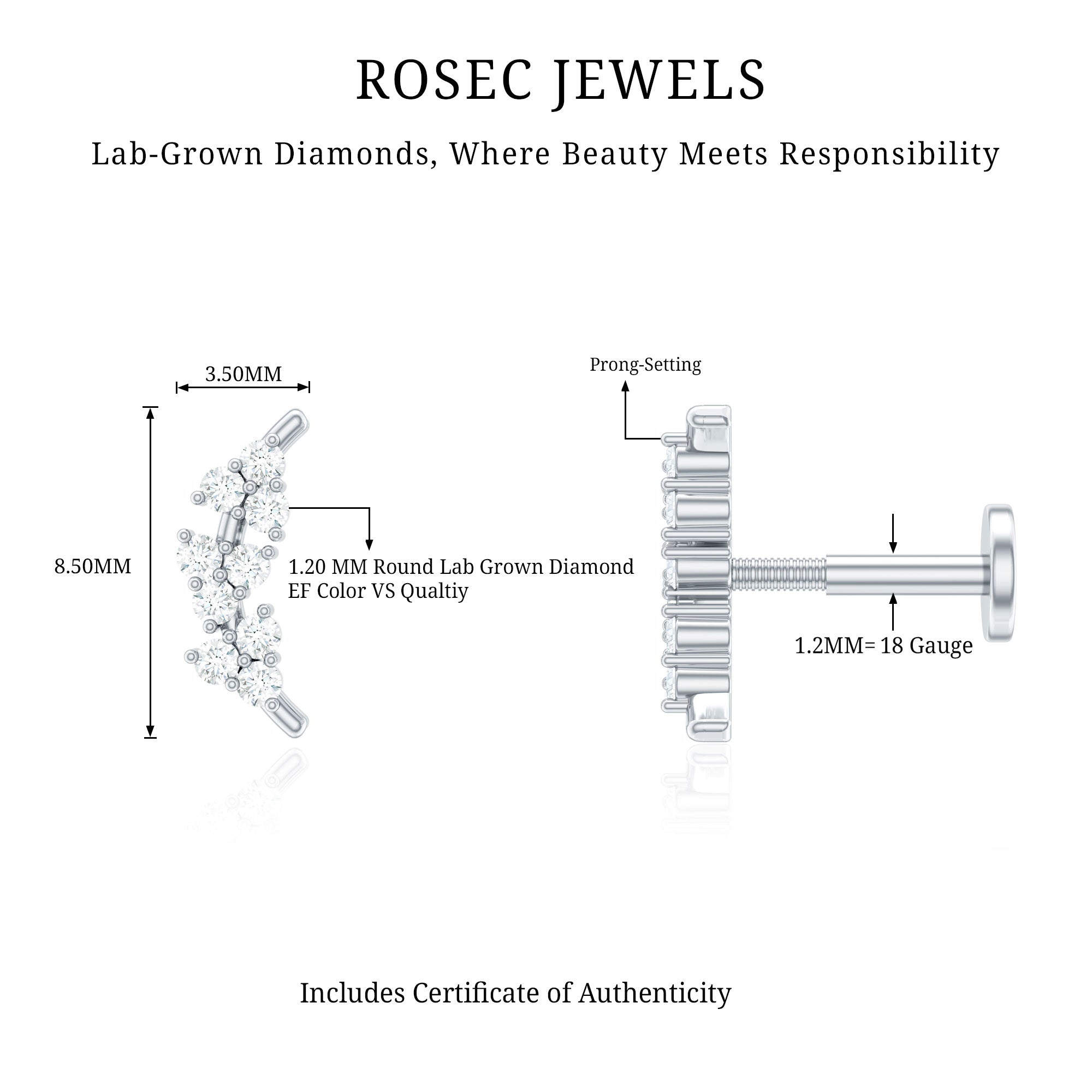 Natural Round Diamond Cluster Curved Helix Earring Lab - ( EF-VS ) - Rosec Jewels