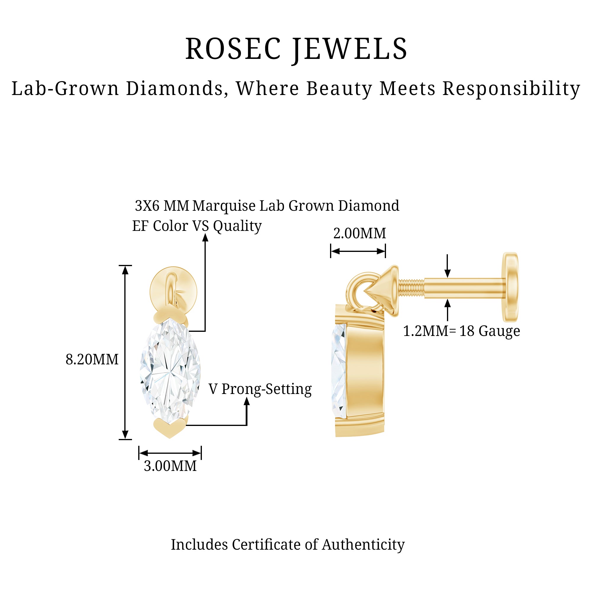 Marquise Diamond Cartilage Dangle Earring Lab - ( EF-VS ) - Rosec Jewels