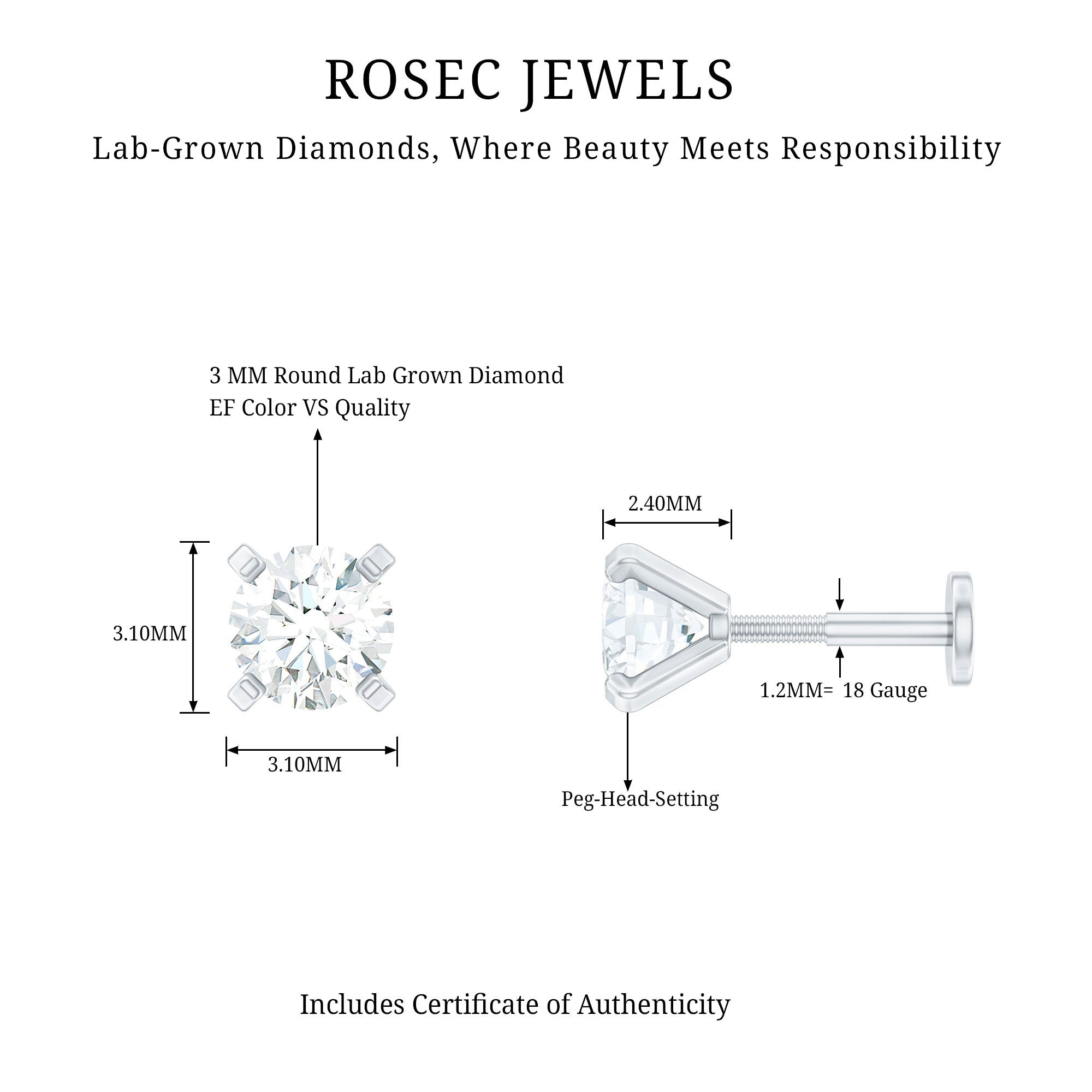 Minimalist Peg Head Set Diamond Nose Pin Stud Lab - ( EF-VS ) - Rosec Jewels