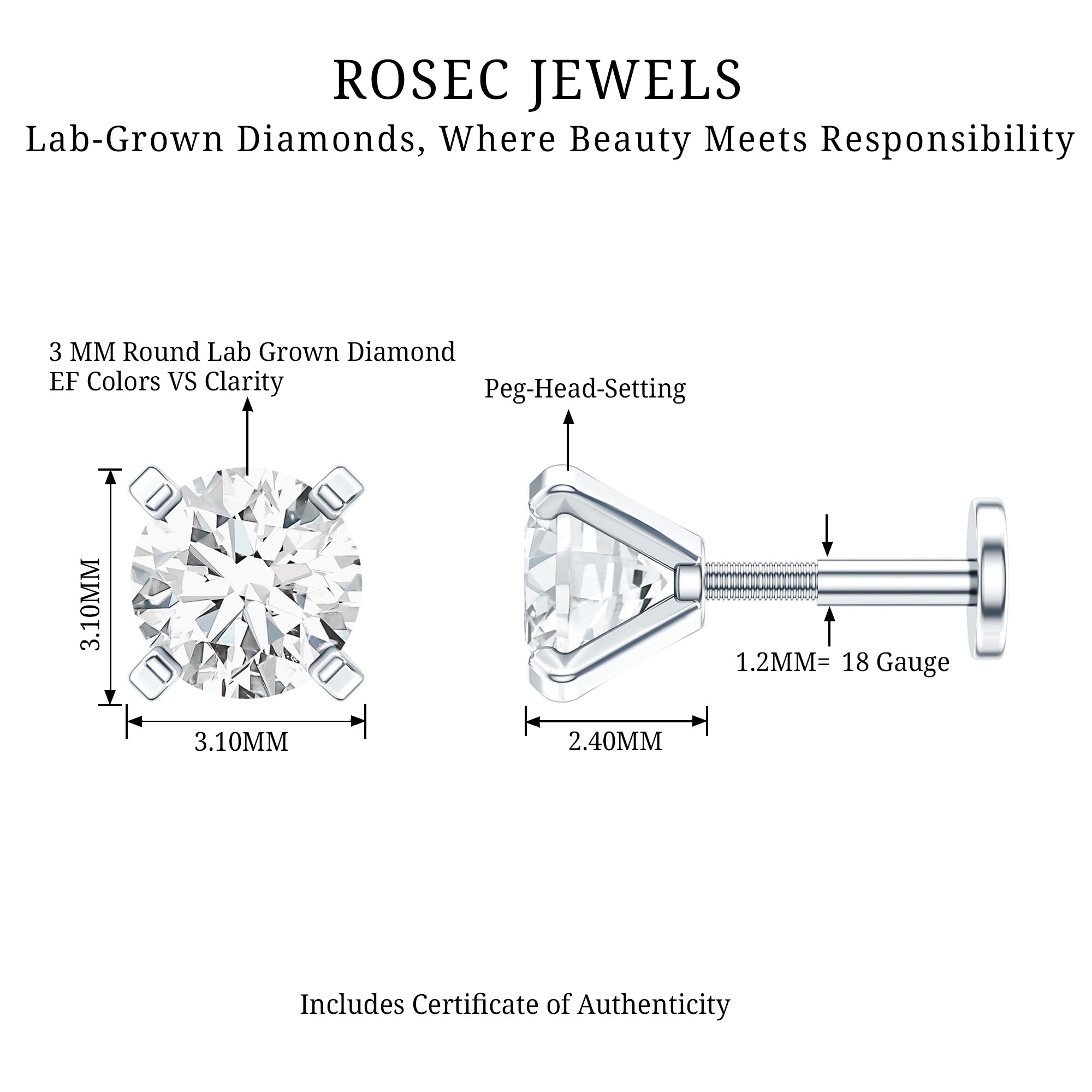 Minimalist Peg Head Set Diamond Nose Pin Stud Lab - ( EF-VS ) - Rosec Jewels