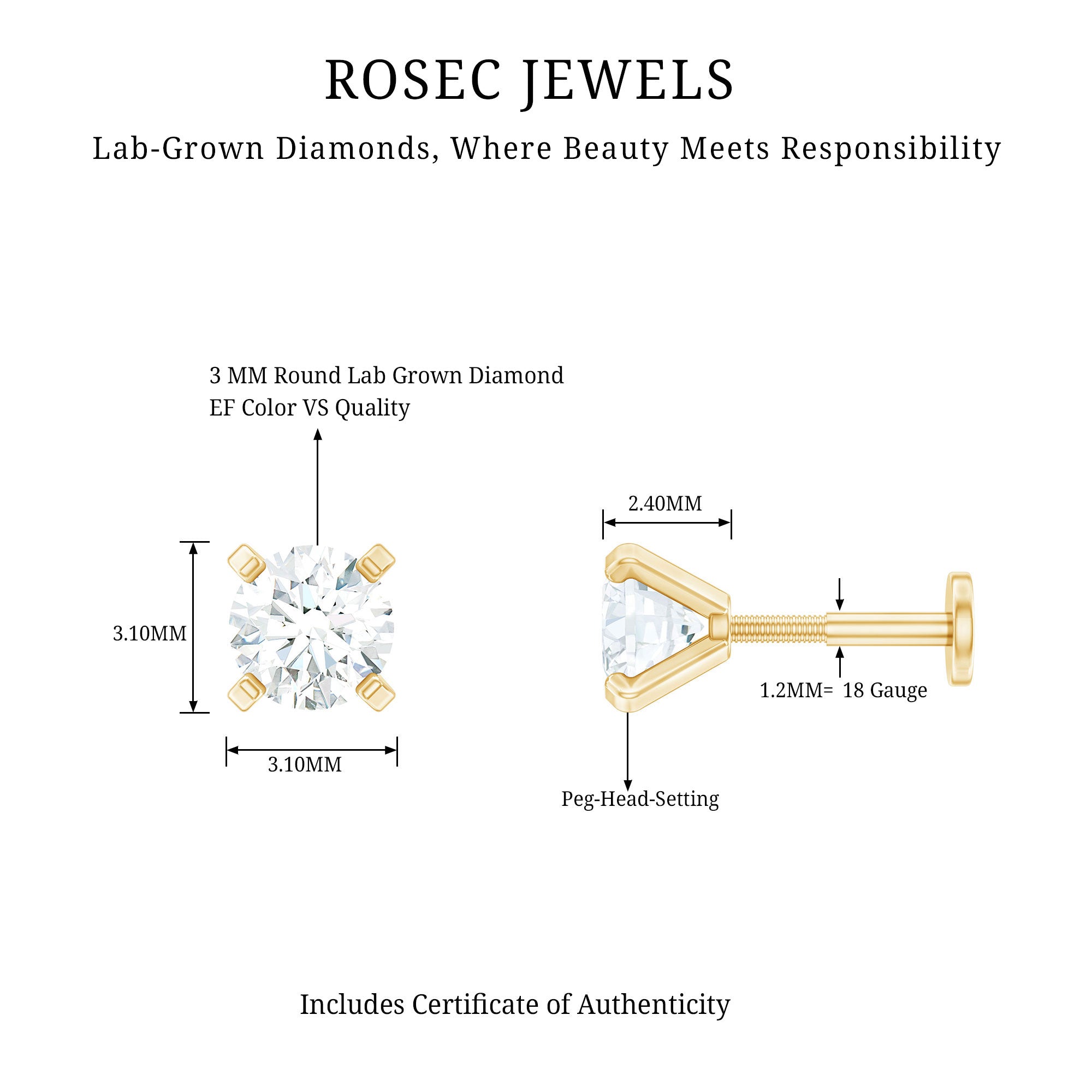 Minimalist Peg Head Set Diamond Nose Pin Stud Lab - ( EF-VS ) - Rosec Jewels
