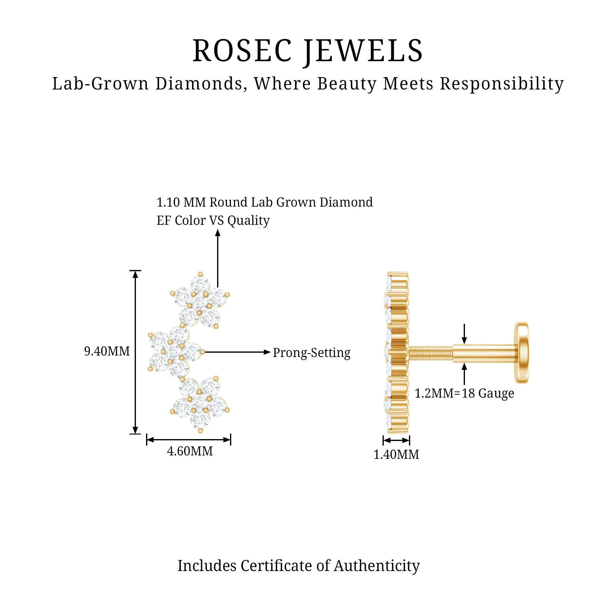 Helix Flower Crawler Earring with Diamond Lab - ( EF-VS ) - Rosec Jewels