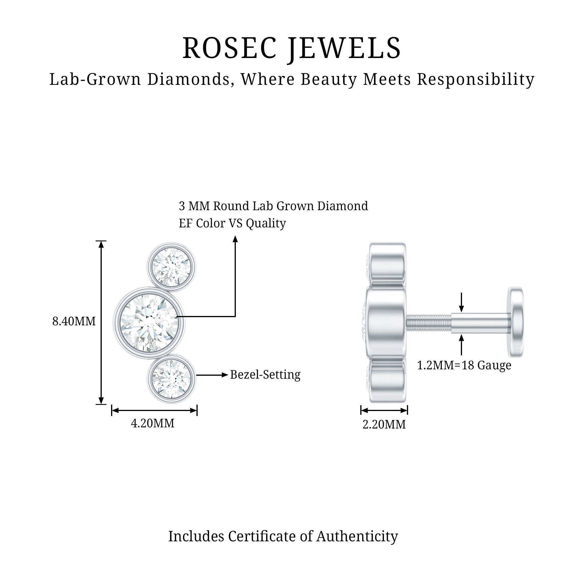 Bezel Set Diamond Three Stone Earring for Helix Piercing Lab - ( EF-VS ) - Rosec Jewels