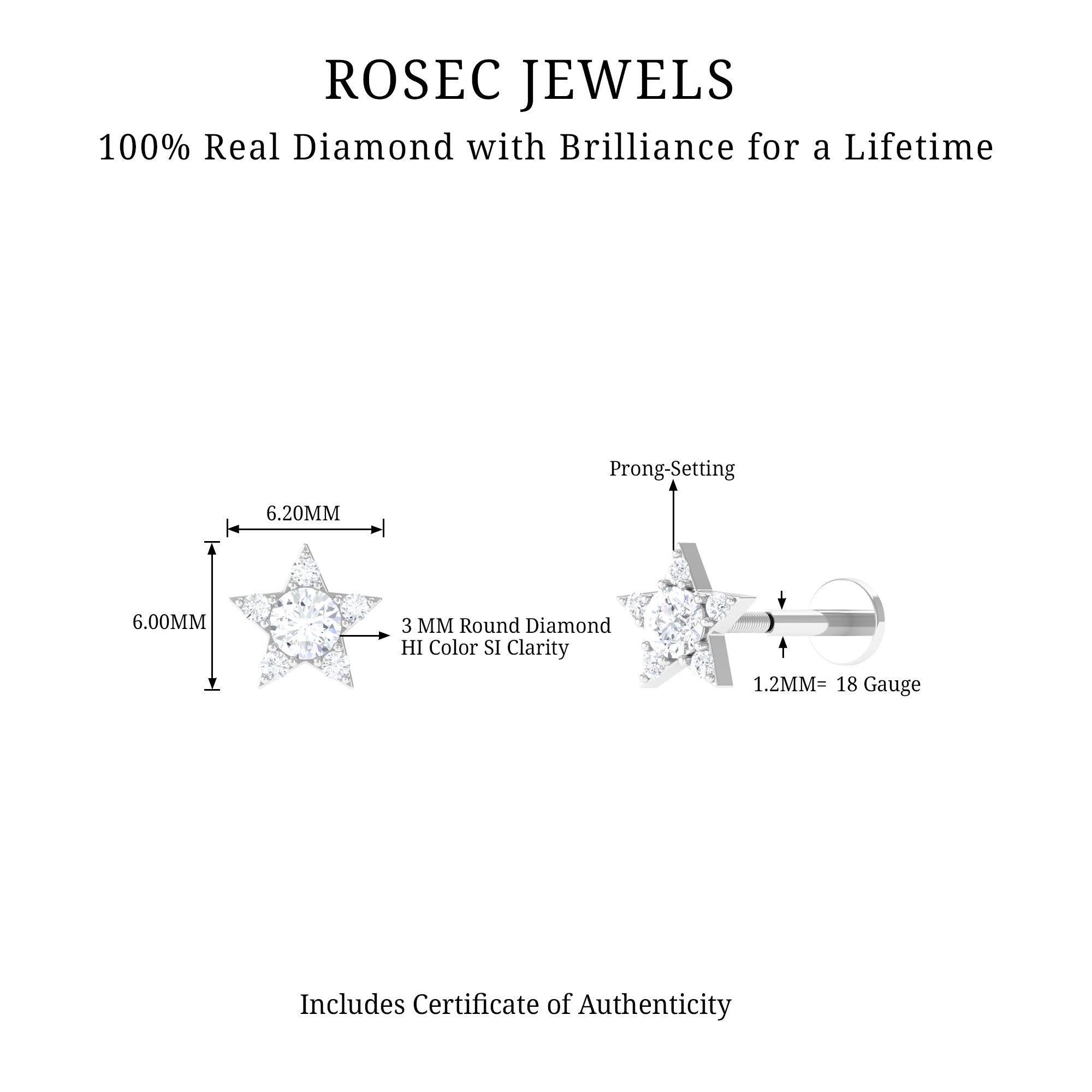 Minimal Diamond Star Celestial Earring for Helix Piercing Lab - ( EF-VS ) - Rosec Jewels