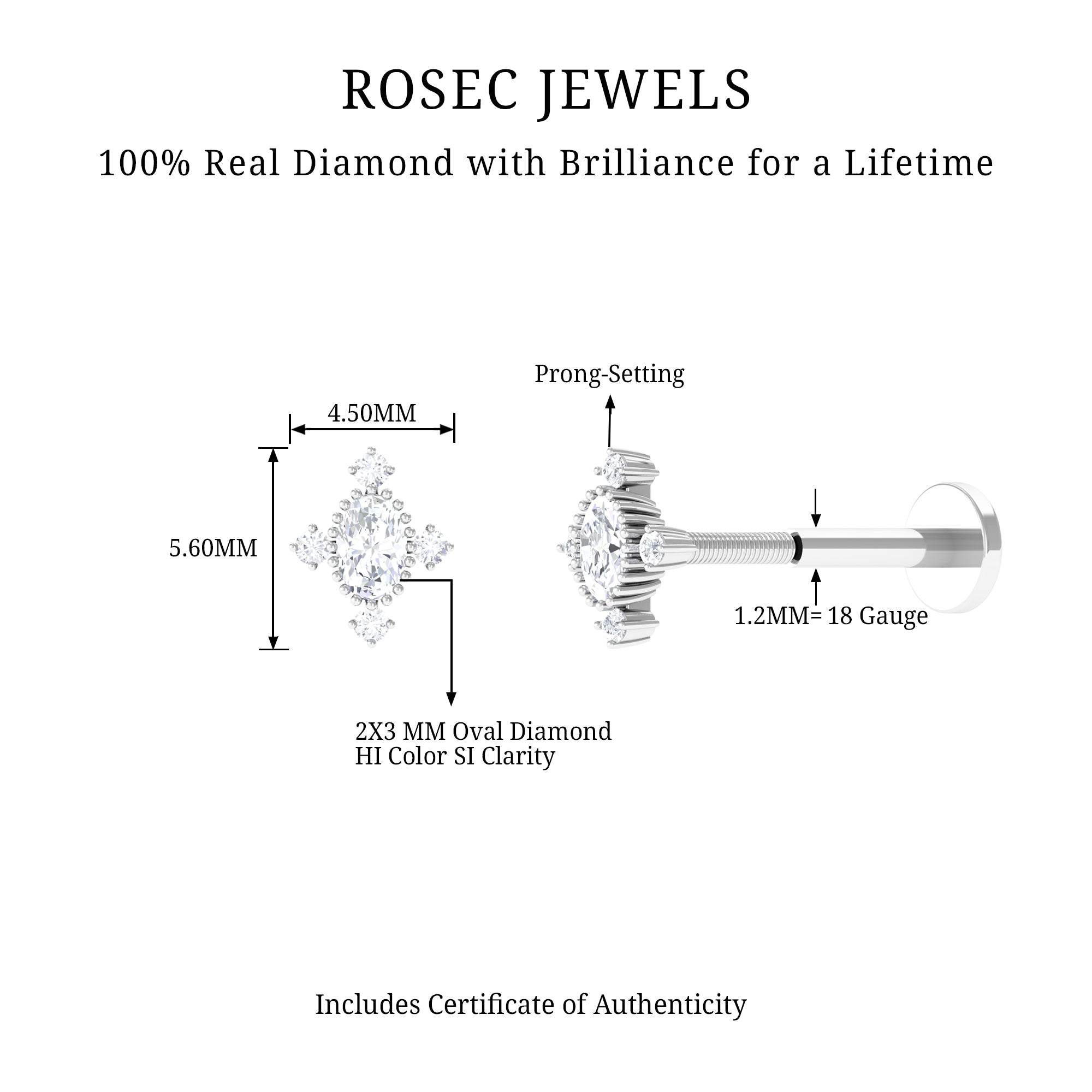 Vintage Inspired Oval Diamond Cartilage Earring Lab - ( EF-VS ) - Rosec Jewels
