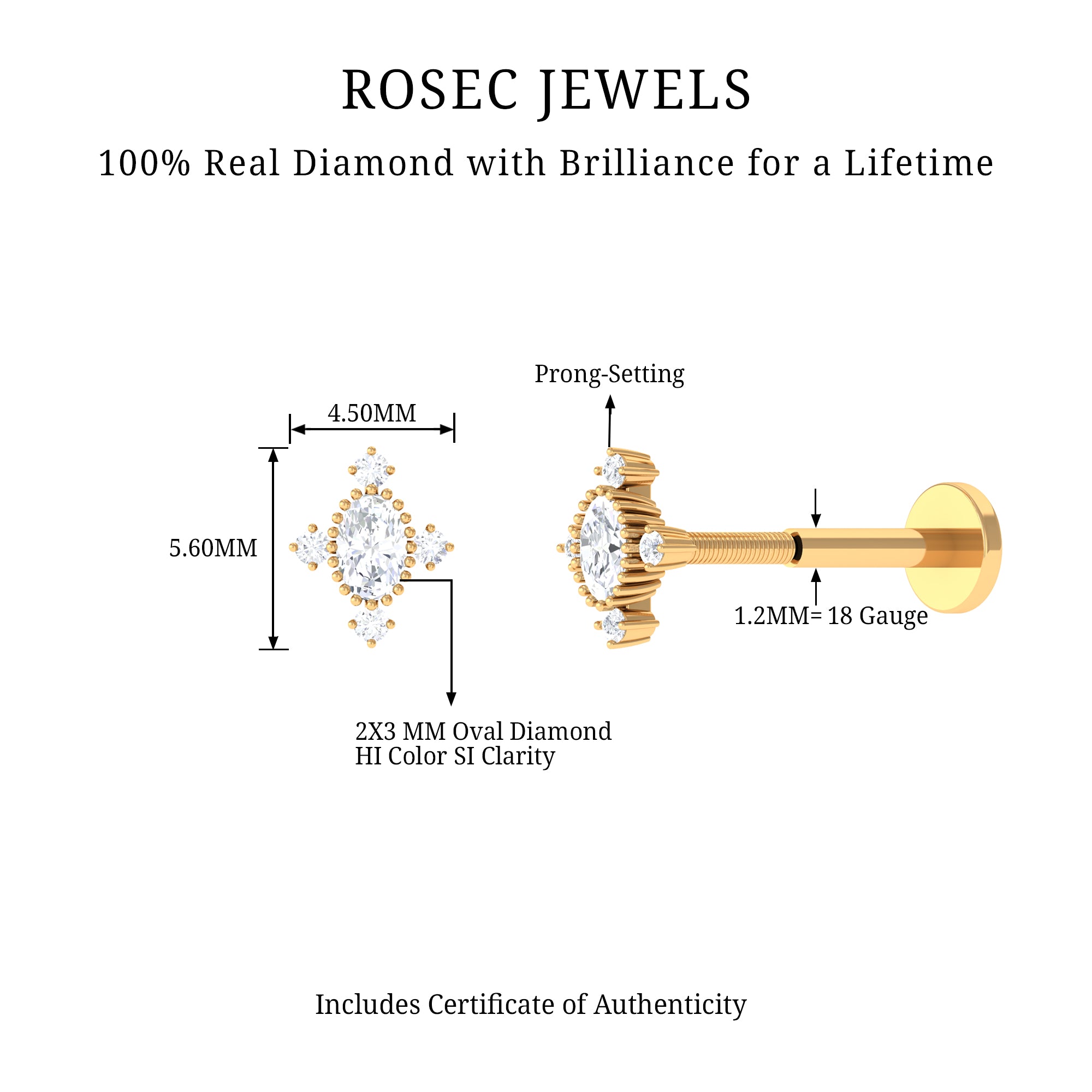 Vintage Inspired Oval Diamond Cartilage Earring Lab - ( EF-VS ) - Rosec Jewels
