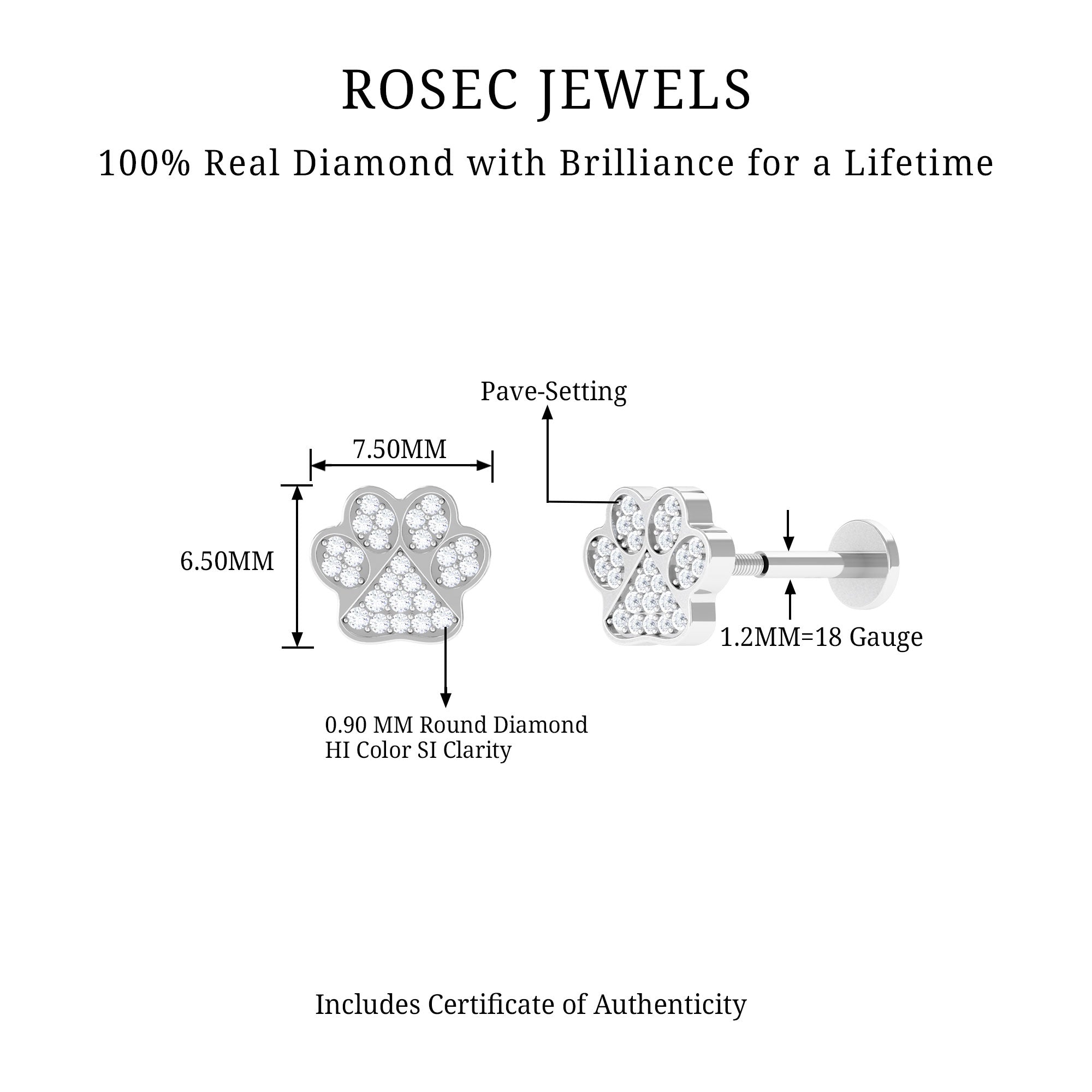 Certified Diamond Paw Cartilage Earring Lab - ( EF-VS ) - Rosec Jewels