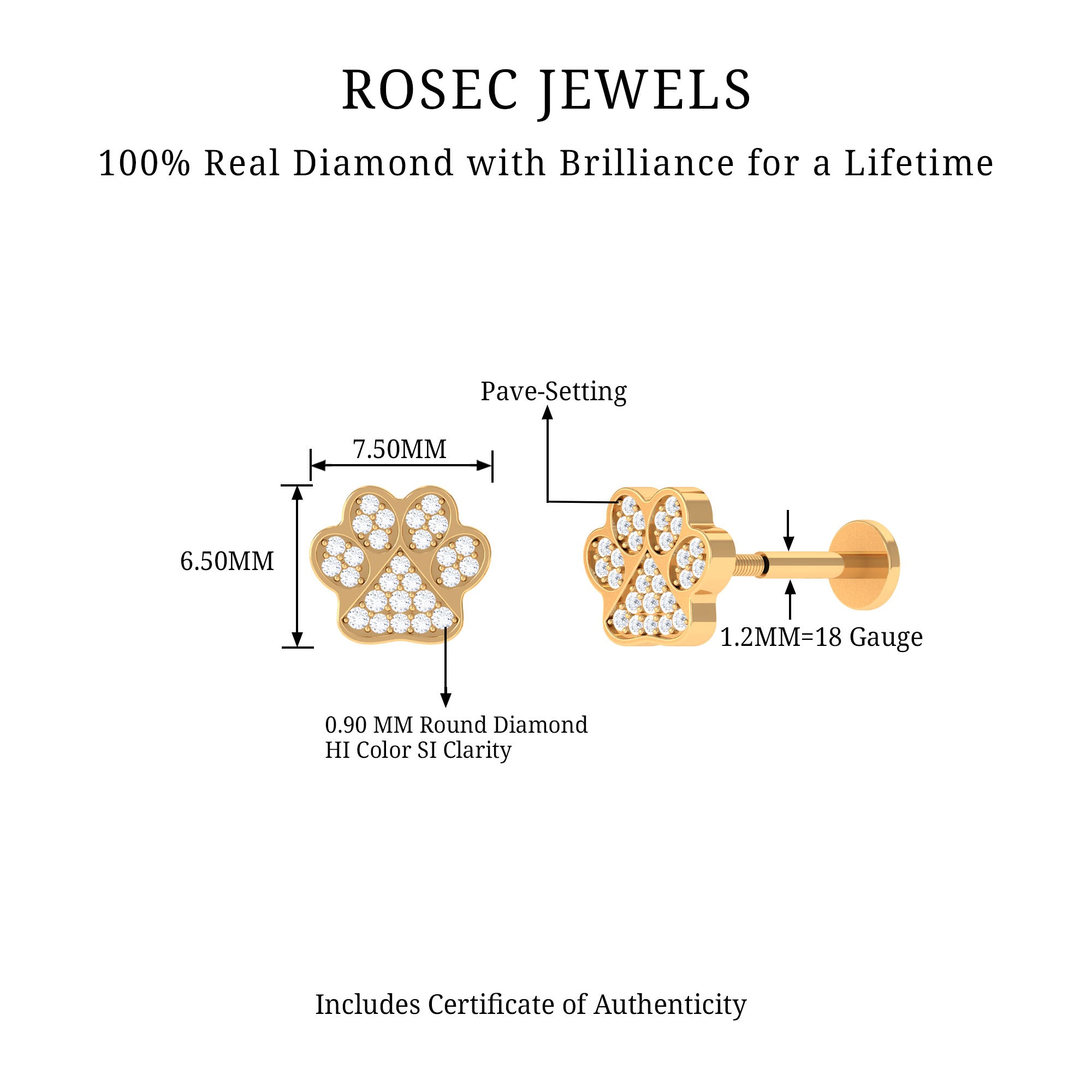 Certified Diamond Paw Cartilage Earring Lab - ( EF-VS ) - Rosec Jewels