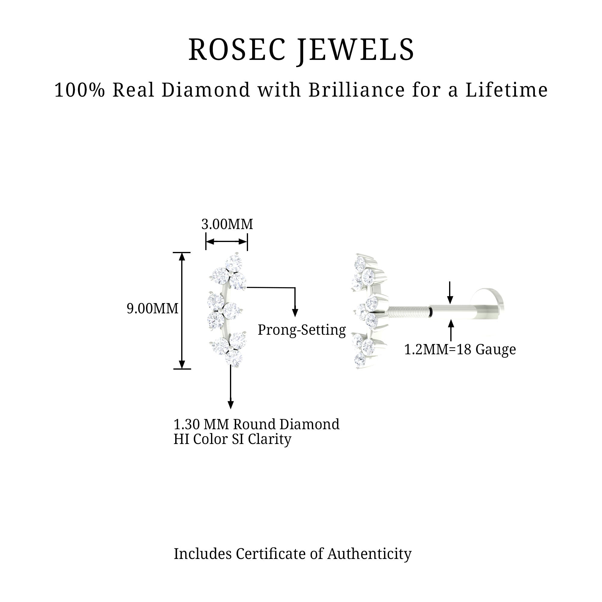 Simple Diamond Curved Helix Earring with Flat Back Lab - ( EF-VS ) - Rosec Jewels