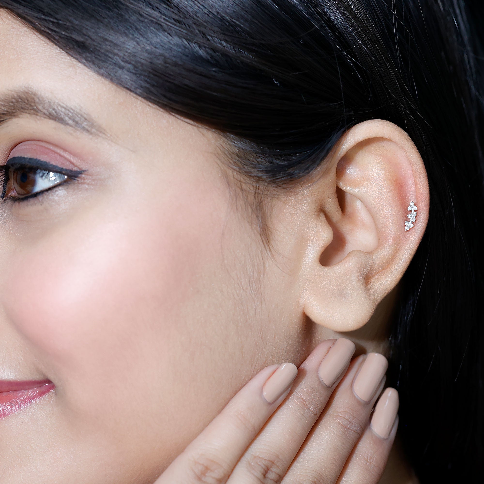 Simple Diamond Curved Helix Earring with Flat Back Lab - ( EF-VS ) - Rosec Jewels