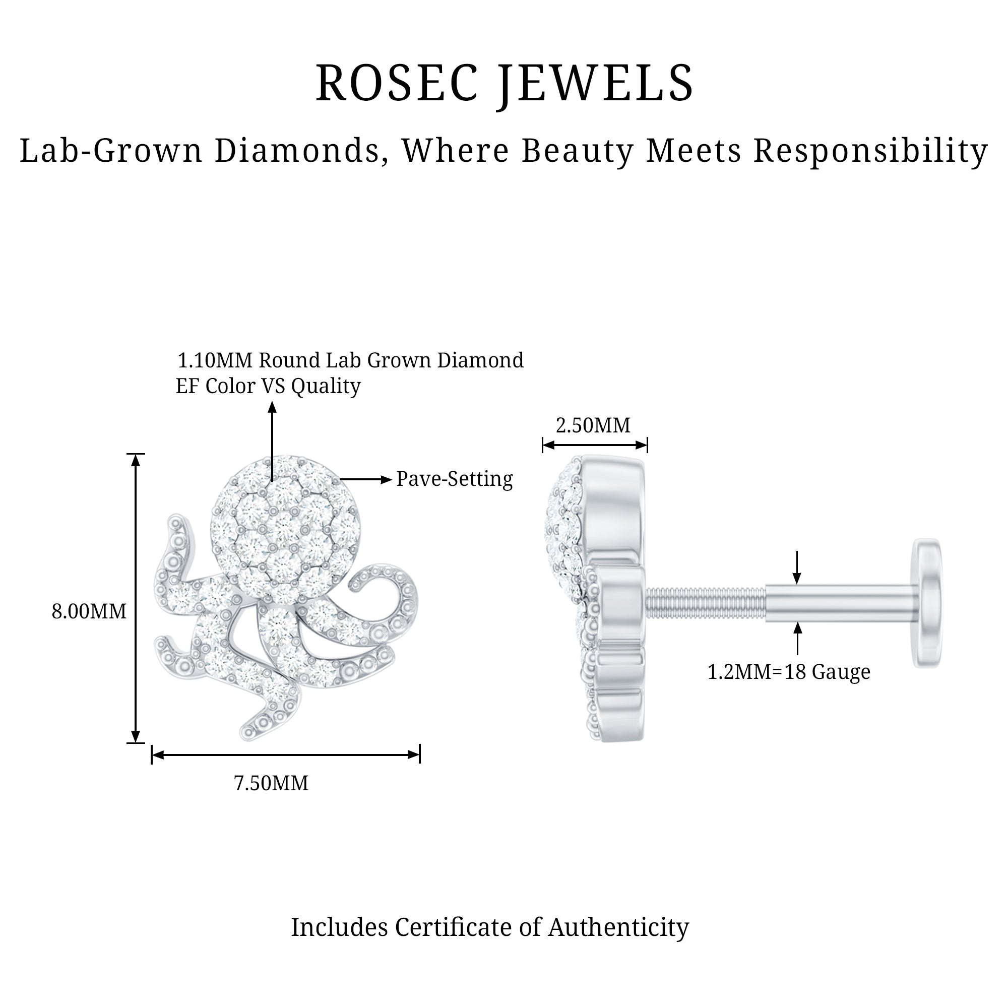 Diamond Octopus Earring with Flat Back Lab - ( EF-VS ) - Rosec Jewels