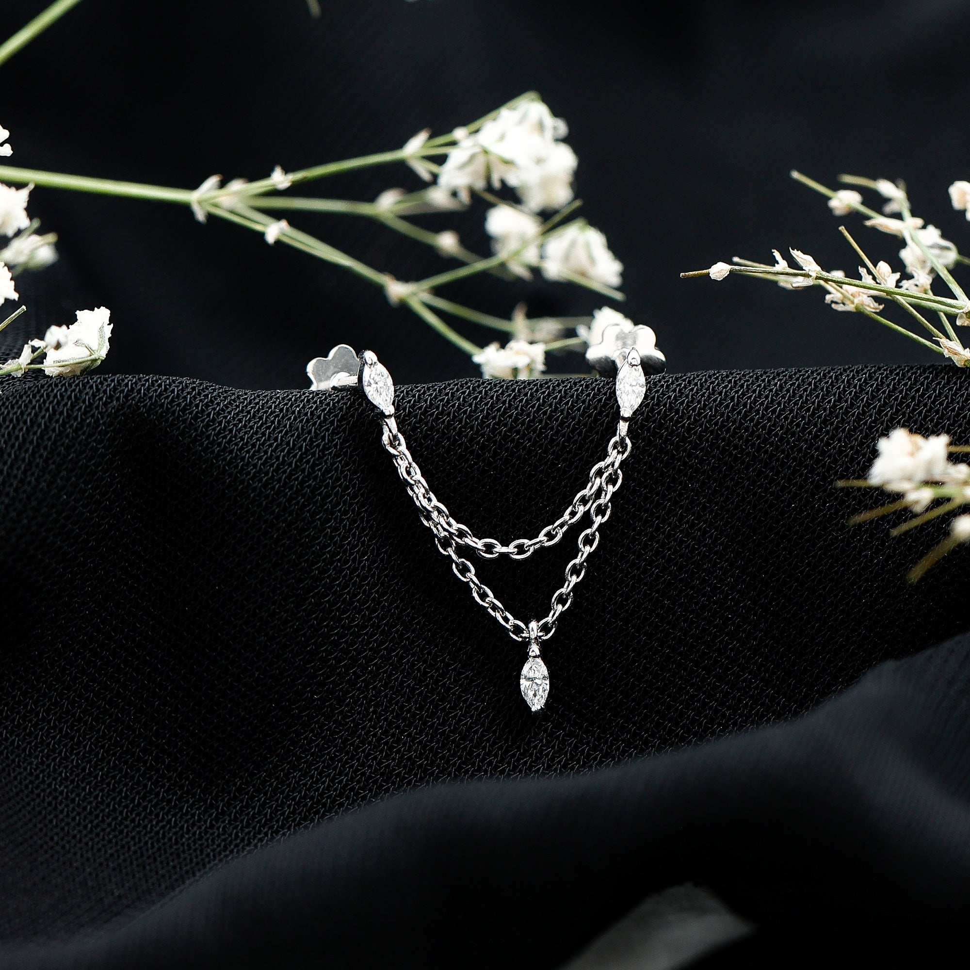Marquise Diamond Double Piercing Earring with Dangling Chain Lab - ( EF-VS ) - Rosec Jewels