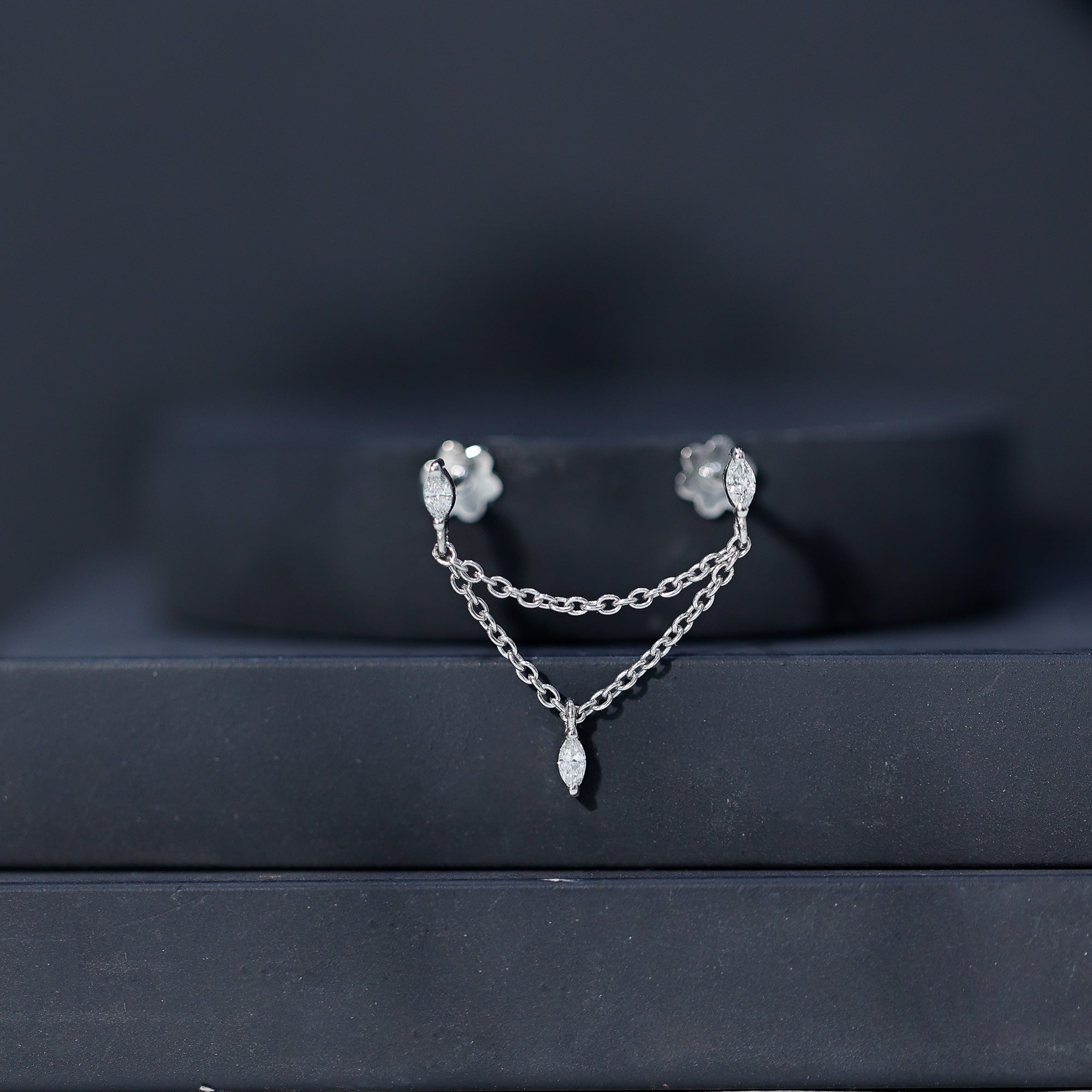 Marquise Diamond Double Piercing Earring with Dangling Chain Lab - ( EF-VS ) - Rosec Jewels