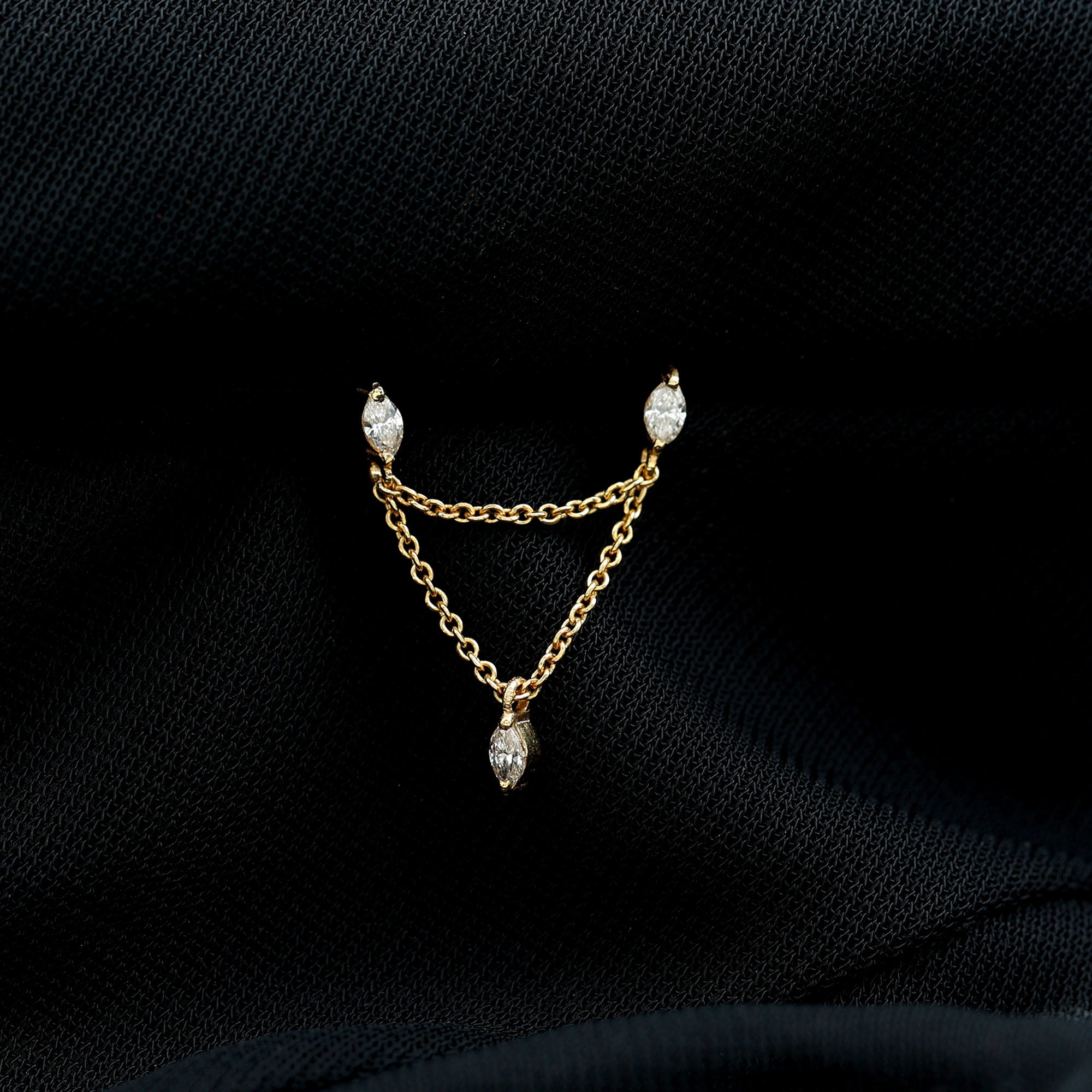 Marquise Diamond Double Piercing Earring with Dangling Chain Lab - ( EF-VS ) - Rosec Jewels