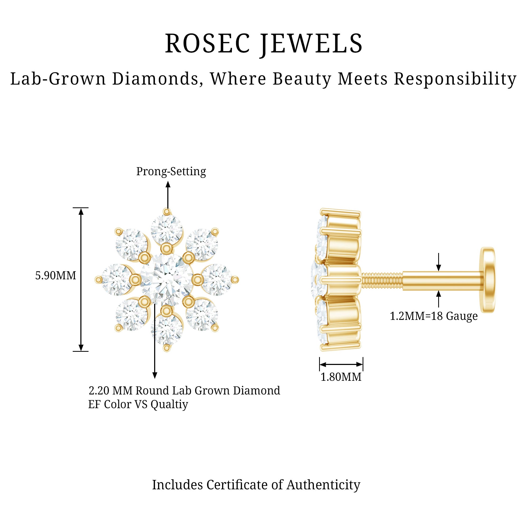Sparkling Diamond Flower Cartilage Earring with Flat Back Lab - ( EF-VS ) - Rosec Jewels