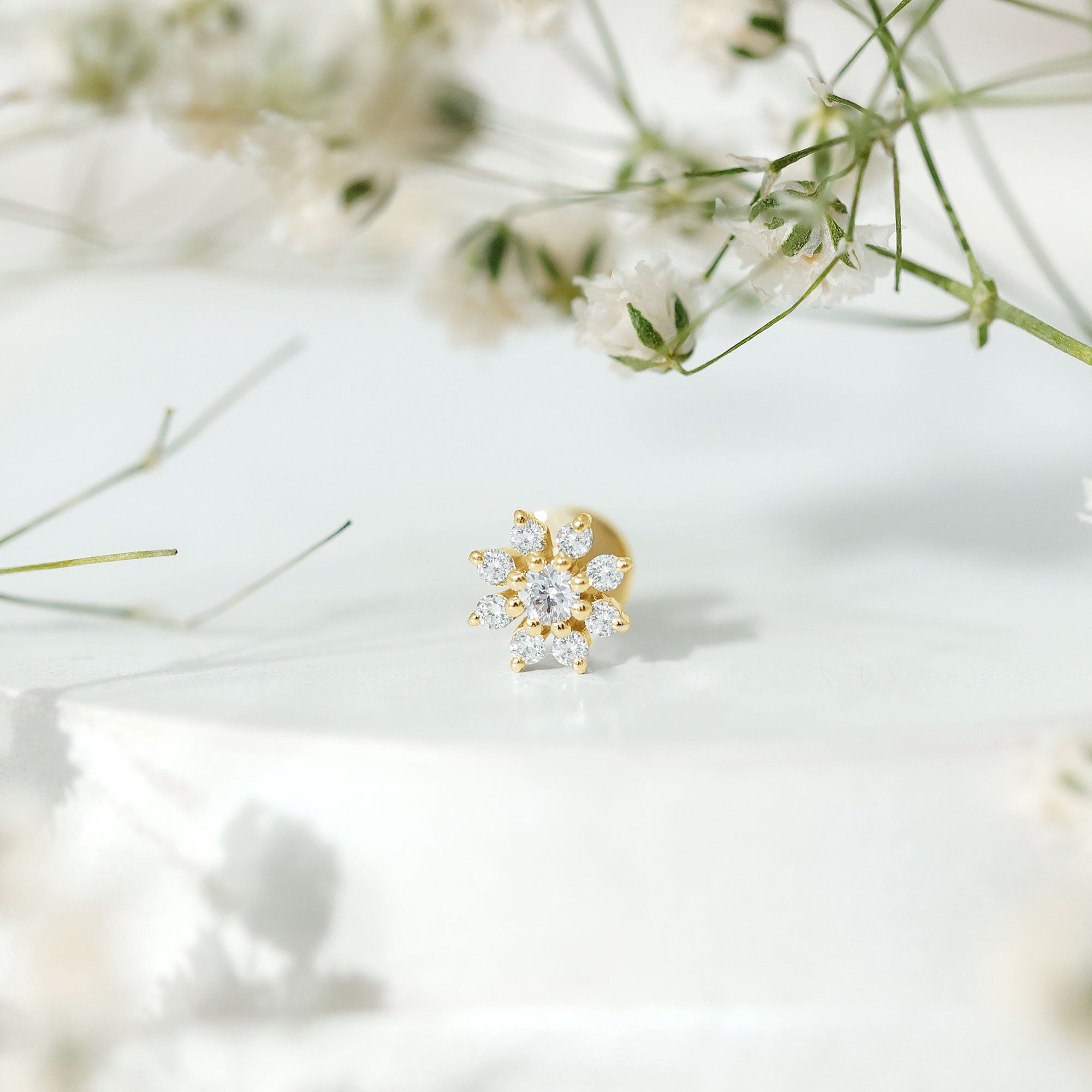 Sparkling Diamond Flower Cartilage Earring with Flat Back Lab - ( EF-VS ) - Rosec Jewels