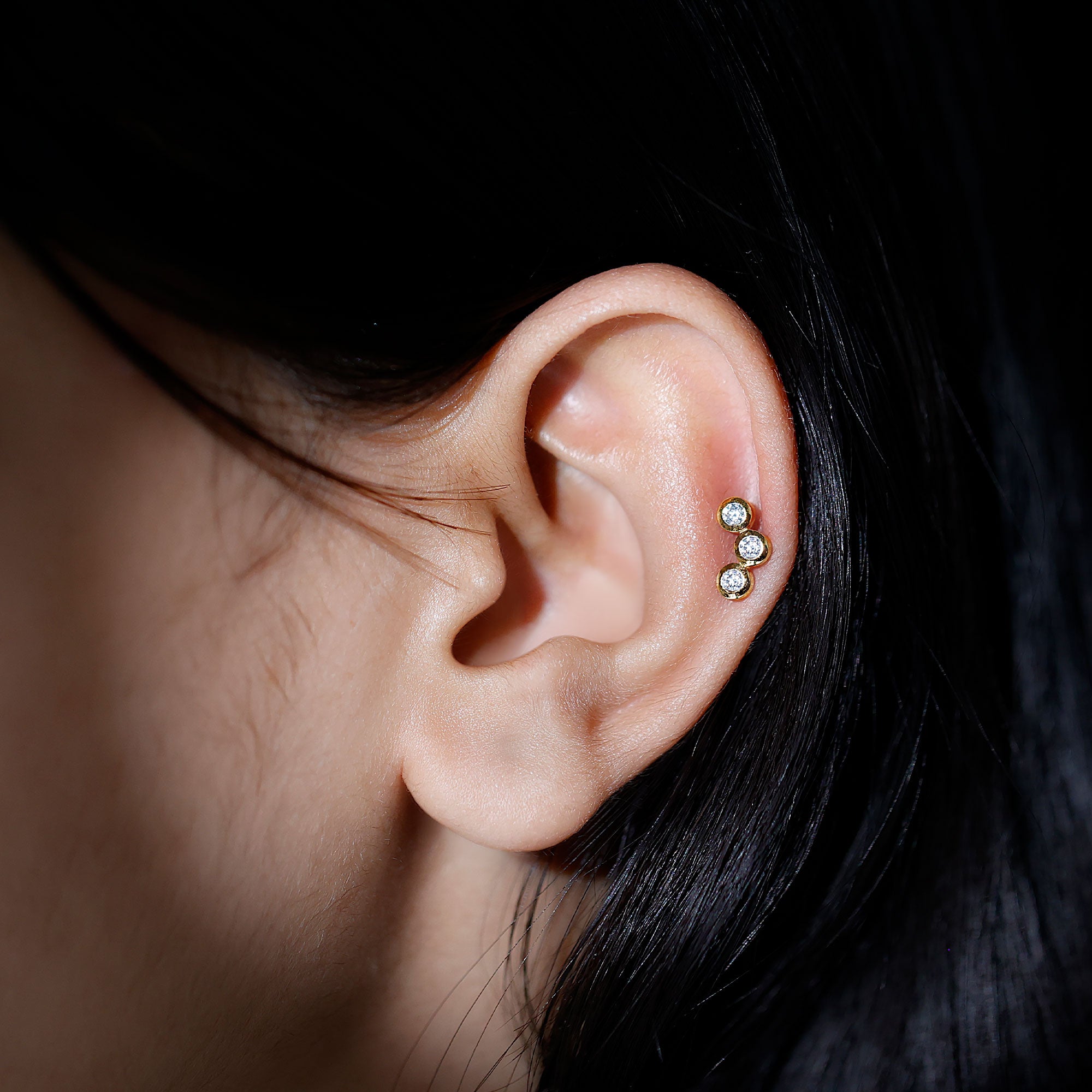 Three Diamond Curved Helix Earring in Bezel Setting Lab - ( EF-VS ) - Rosec Jewels