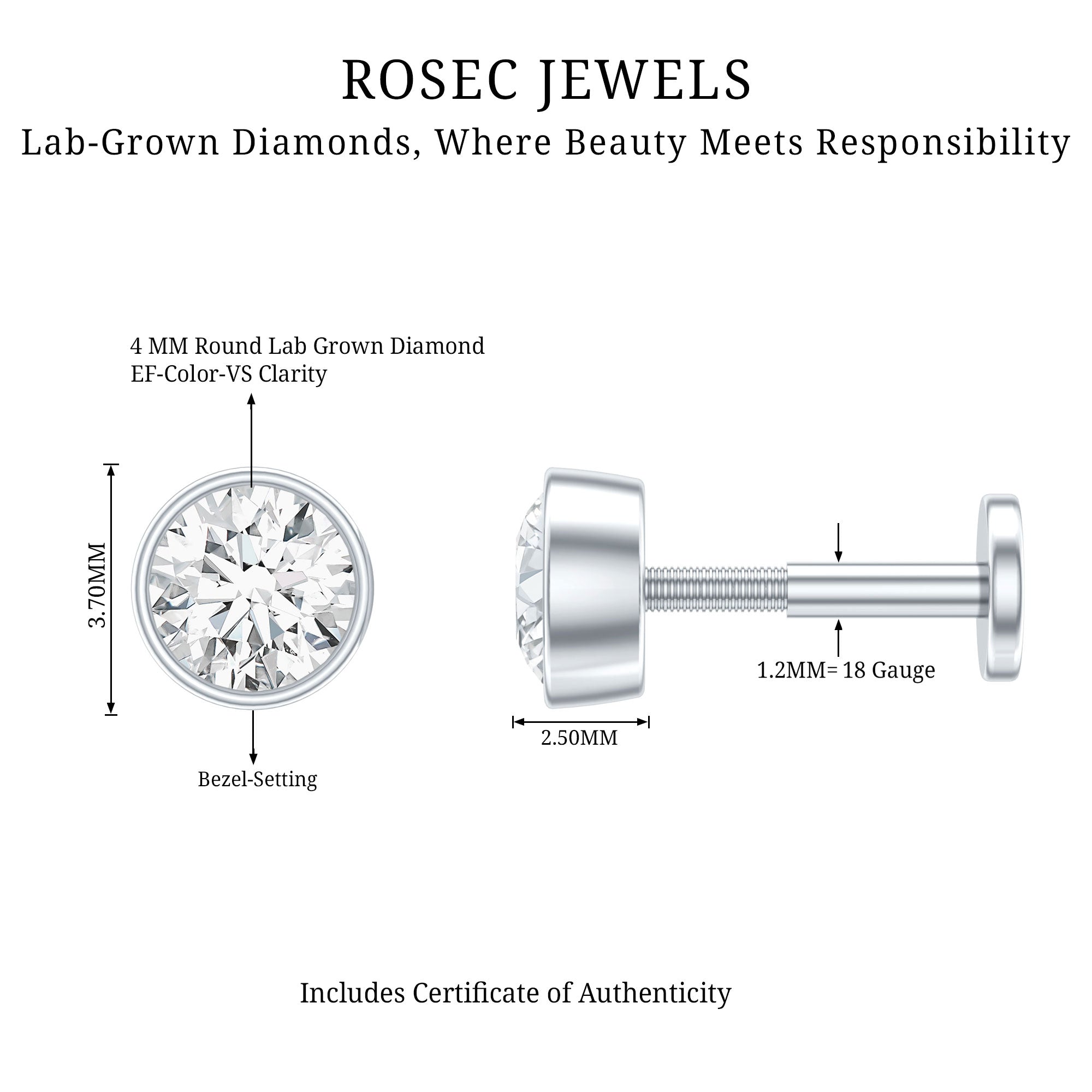 Bezel Set Diamond Solitaire Conch Earring Lab - ( EF-VS ) - Rosec Jewels