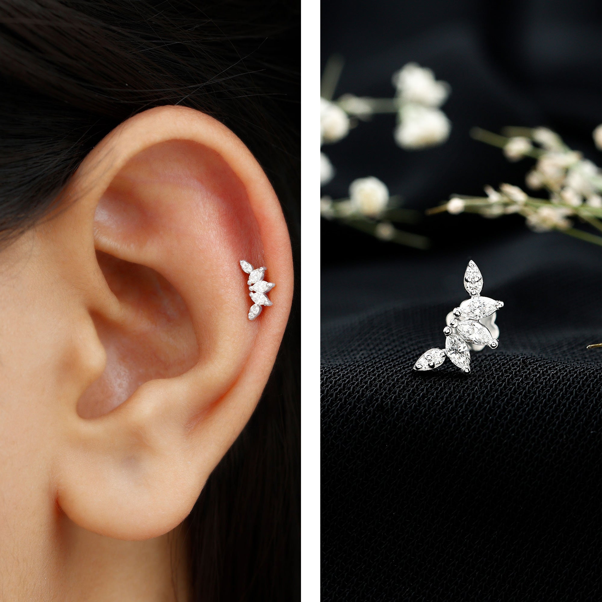 Marquise Diamond Leaf Crawler Earring for Helix Piercing Lab - ( EF-VS ) - Rosec Jewels